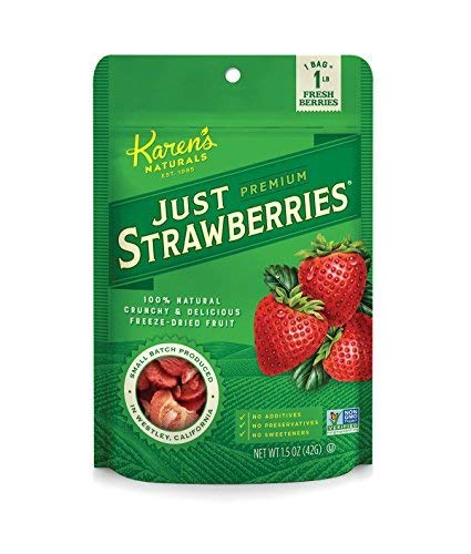 Karen's Naturals Just Strawberries - All Natural Freeze Dried Strawberries, 1.5oz Pouch | Vegan, Gluten Free, No Additives, No Preservatives, No Added Sugar | Healthy Fruit Snacks for Kids, Baking, Smoothies & On-the-Go