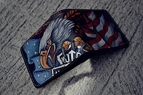 American Flag & Eagle 3D Genuine Leather Bifold Wallet for Men - Handmade Motorcycle Club Design with Engine & Airbrush Art - Custom Personalized Carved & Tooled Leather Wallet - Perfect for Bikers, Travel & Everyday Use