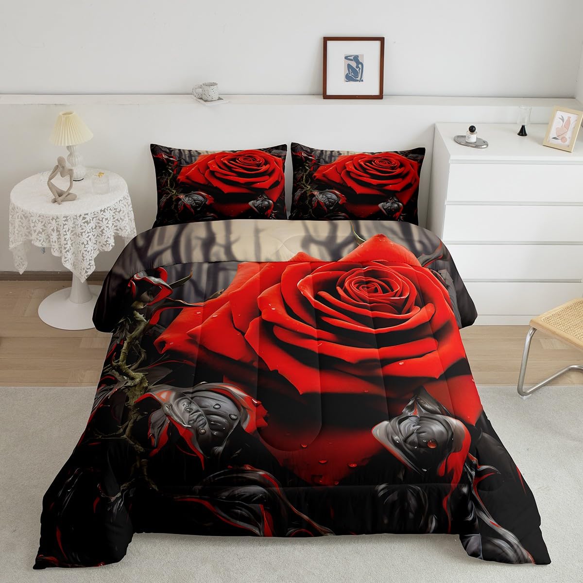 Luxury Red Rose Floral Comforter Set - Full Size Soft Bedding for Girls, Women & Couples | Romantic Valentine's Day Gift | All-Season Bedroom Decor for Kids, Boys & Adults | Perfect for Master Bedrooms, Guest Rooms & Dorm Decor