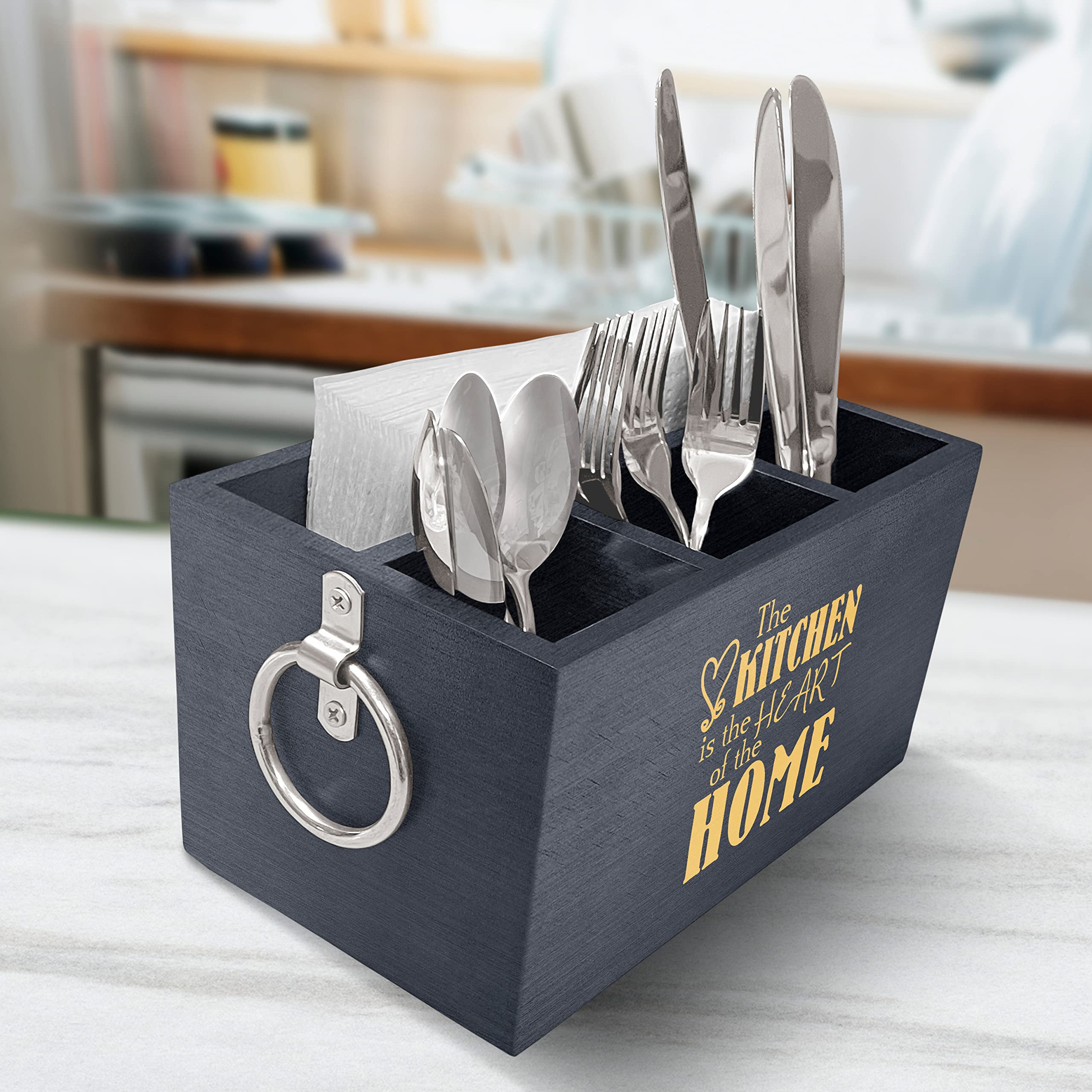 Wooden Utensil Storage Box & Kitchen Organizer - Engraved Farmhouse Silverware Caddy for Flatware & Cooking Tools | Perfect for Farmhouse Kitchens, Housewarming Gifts & Countertop Organization