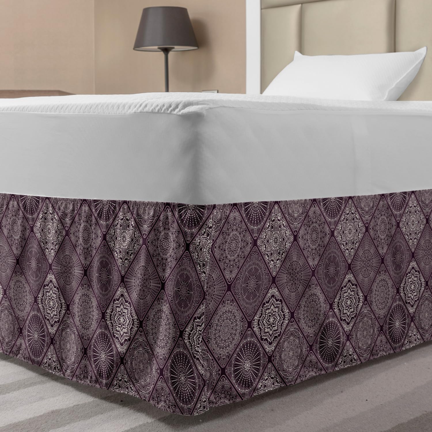 Ambesonne Mandala Bed Skirt - Vintage Oriental Design with Square Frames, Elastic Wrap Around Gathered Bedroom Decor for Full Size Beds (Eggplant White) | Perfect for Boho Chic, Asian-Inspired & Vintage Style Bedrooms