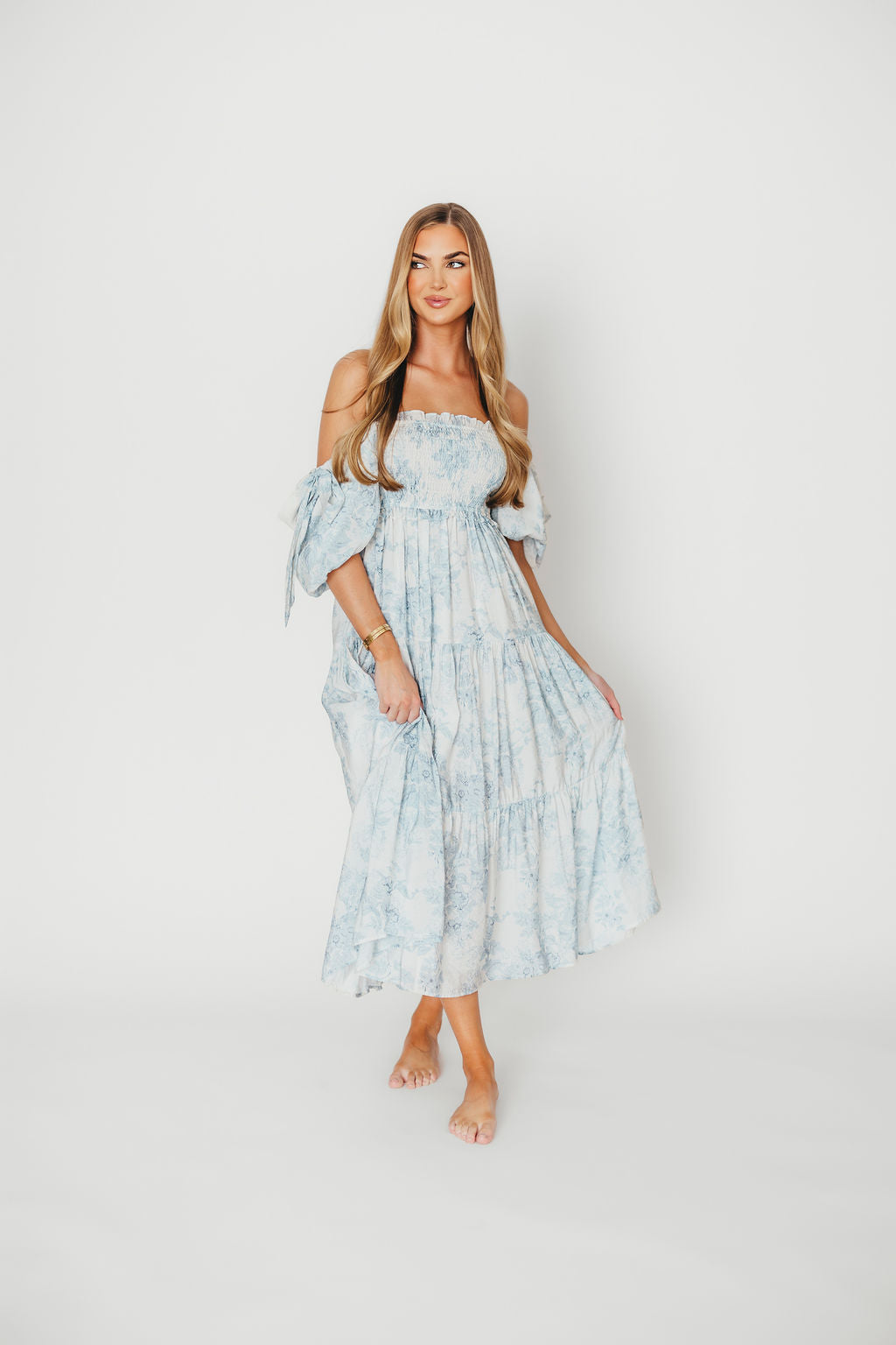 Elena Floral Print Smocked Midi Dress in Blue - Bump Friendly Maternity Dress & Inclusive Sizing for Women - Perfect for Baby Showers, Bridal Events & Summer Weddings