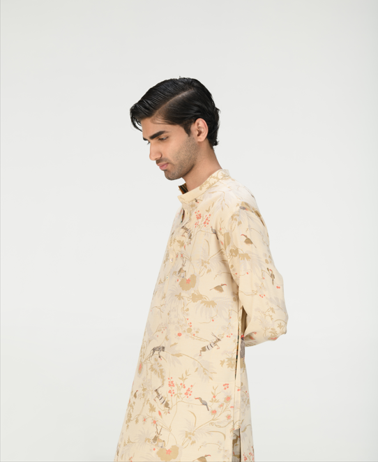 Bade Miyan Kurta Muga Satin Silk Ivory - Premium Indian Traditional Wear for Men - Perfect for Weddings, Festivals & Cultural Events
