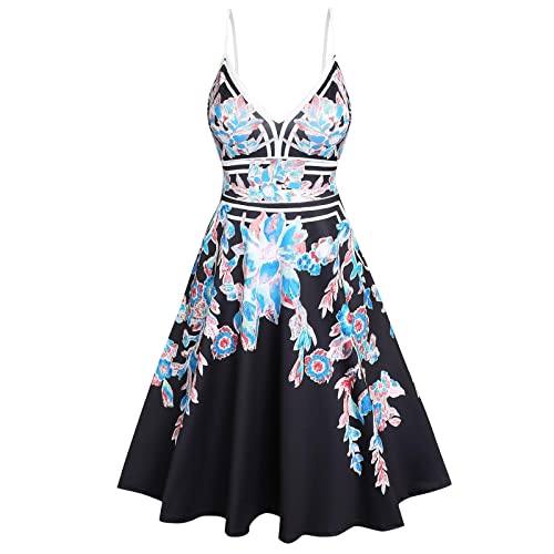 Women's Black Casual Sling Dress - Retro Cute Print Skirt, Sexy Short Slim Sleeveless Dress (Black, Size S) | Perfect for Summer Outings, Date Nights & Beach Vacations
