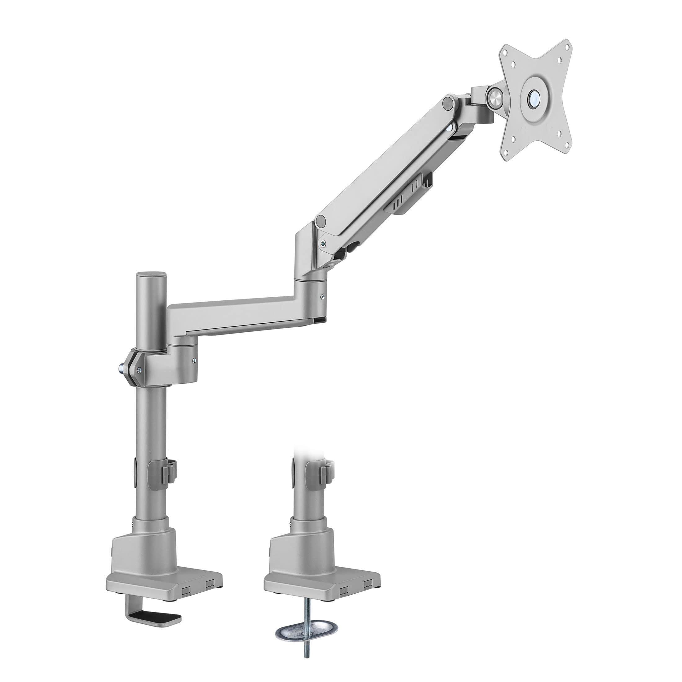 Mount-It! Premium Adjustable Single Monitor Desk Mount - Gas Spring Monitor Arm with Pole Mount | Silver Computer Display Riser for Home & Office Workstations | Ergonomic Height Adjustment for Comfortable Viewing