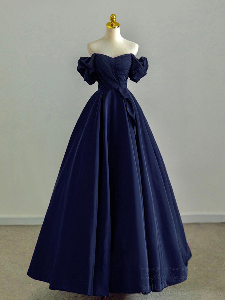Elegant A-Line Off-Shoulder Satin Dark Blue Long Prom Dress - Formal Evening Gown for Homecoming, Ball & Special Occasions