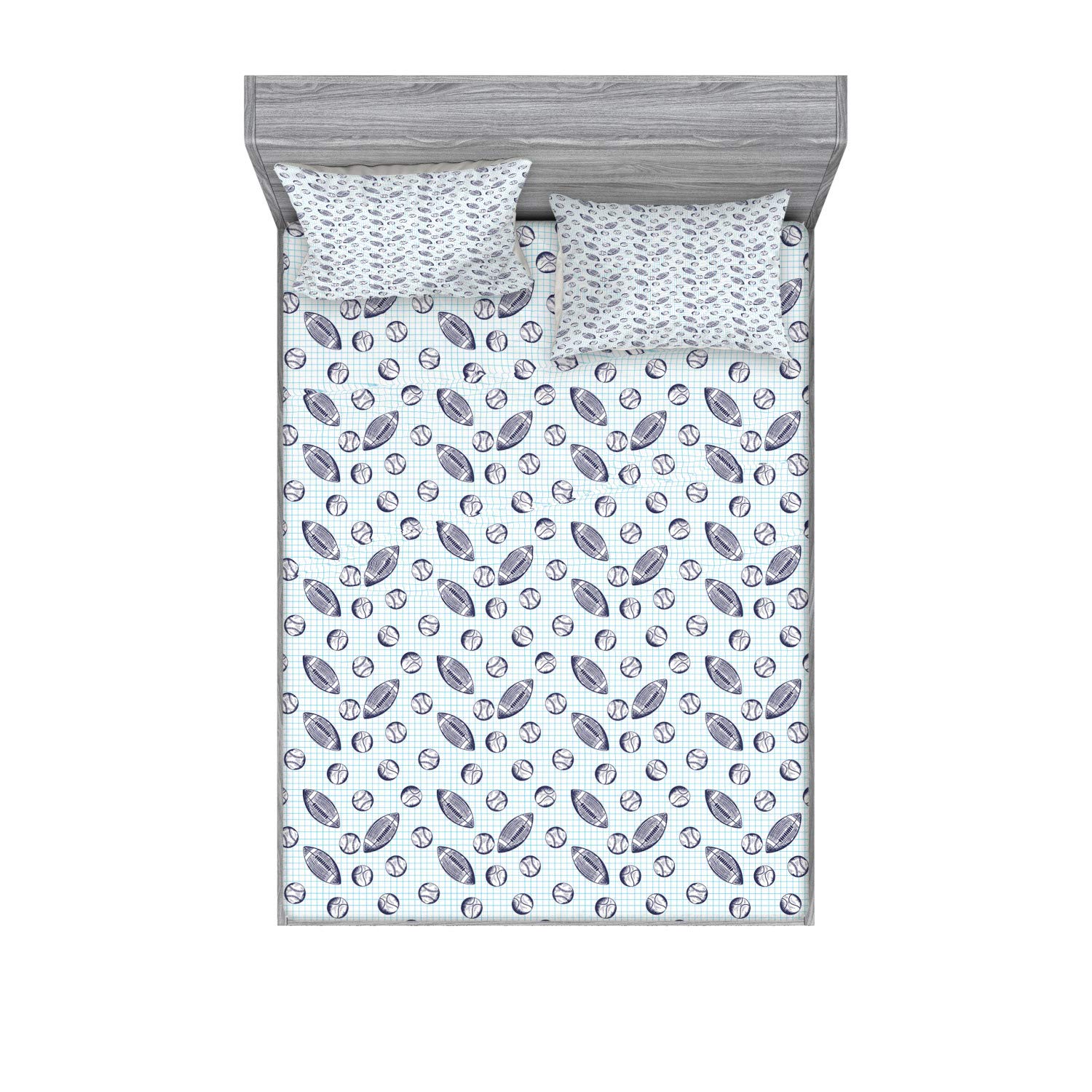 Ambesonne Baseball Fitted Sheet & Pillow Sham Set - Pigskin & Baseballs Checkered Design, 2-Piece Queen Size Bedding in Indigo & Pale Blue - Perfect for Sports Themed Bedrooms, Game Rooms & Baseball Fan Gifts