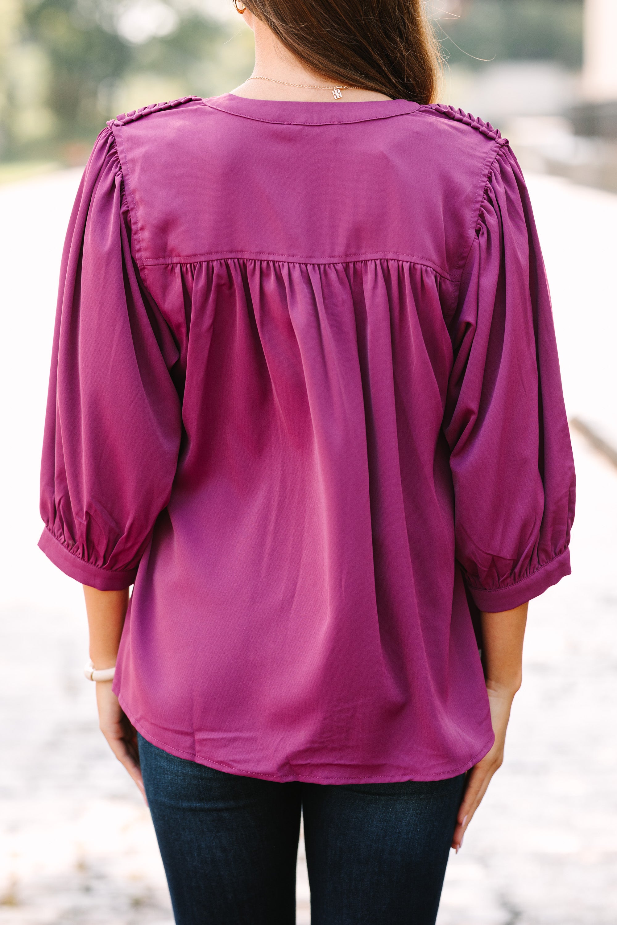 Stylish Plum Purple Textured Trim Blouse for Women | Elegant Office & Casual Wear | Perfect for Work, Dates & Special Occasions