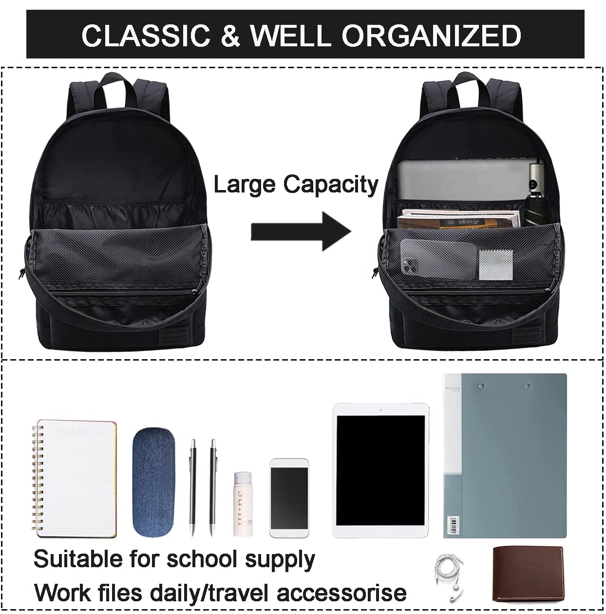 SUPACOOL Lightweight School Backpack with Pencil Pouch - Durable Bookbag for Boys & Girls (Black) - Perfect for School, Travel & Daily Use