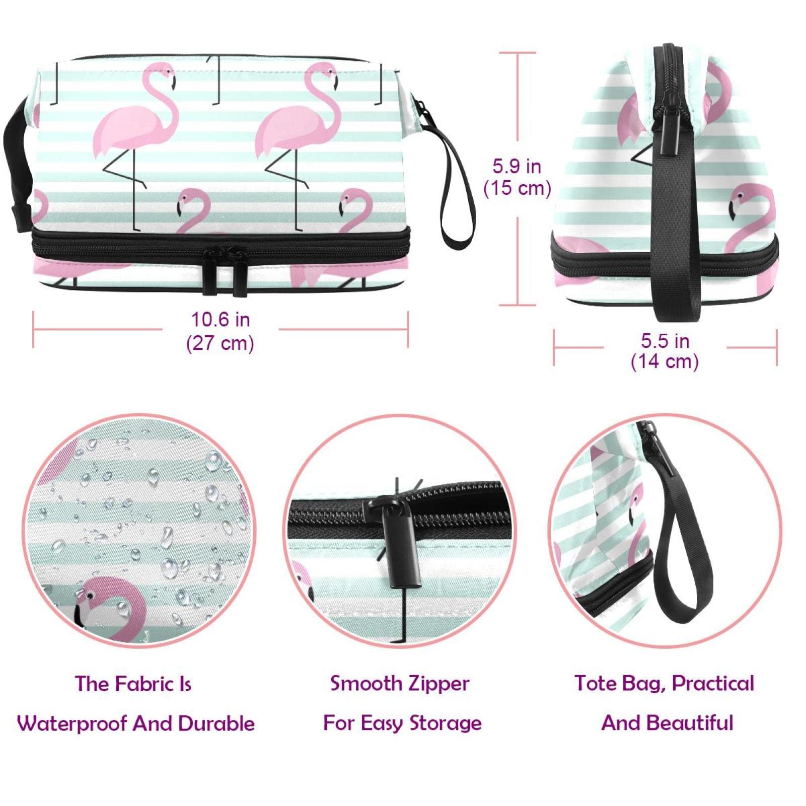 Large Makeup Bag for Women - Flamingo & Stripes Travel Cosmetic Organizer, Waterproof Toiletry Bag for Travel, Gym, and Daily Use