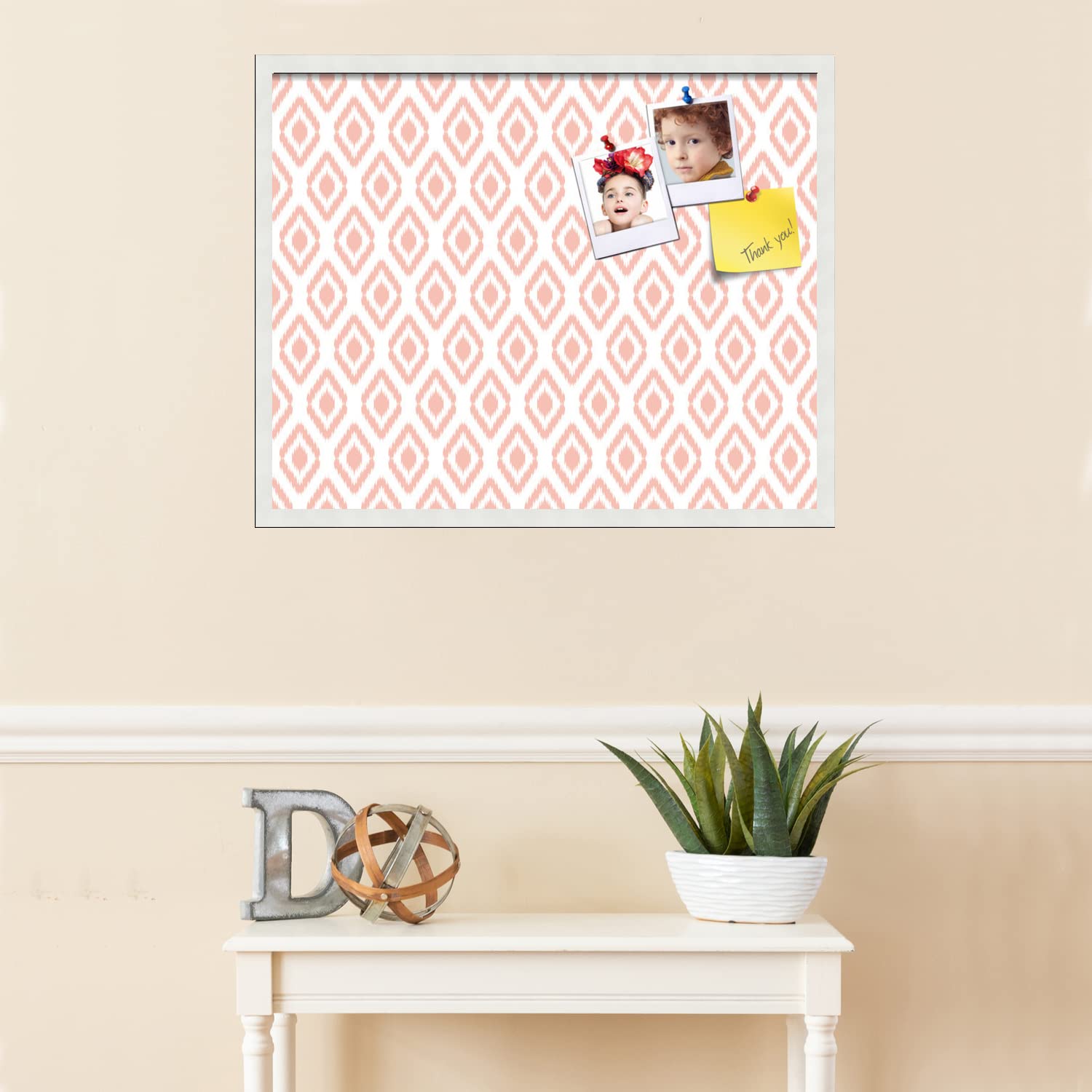 PinPix 30x24 Inch Cork Bulletin Board with Ikat Grapefruit Design & Satin White Frame - Decorative Wall Pin Board for Home Office School Decor - Perfect for Notes, Photos, Reminders & Organization