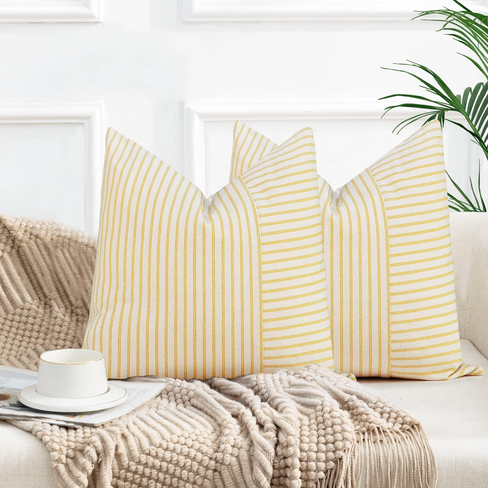 Farmhouse Pillow Covers 18x18 Inch - Set of 2 Modern Square Throw Pillow Covers in Yellow & Beige Striped Linen - Decorative Cushion Covers for Sofa, Chair, Bedroom & Living Room - Cozy Home Accent Pillows