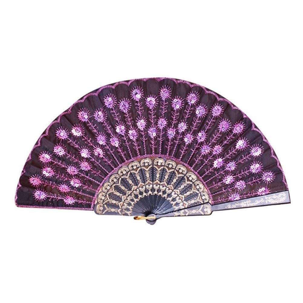 JYCCH Peacock Pattern Folding Hand Fan - Embroidered Sequin Wedding Party Prom Handheld Fan - Elegant Spanish Chinese Style Decorative Fan for Weddings, Dances & Cultural Events