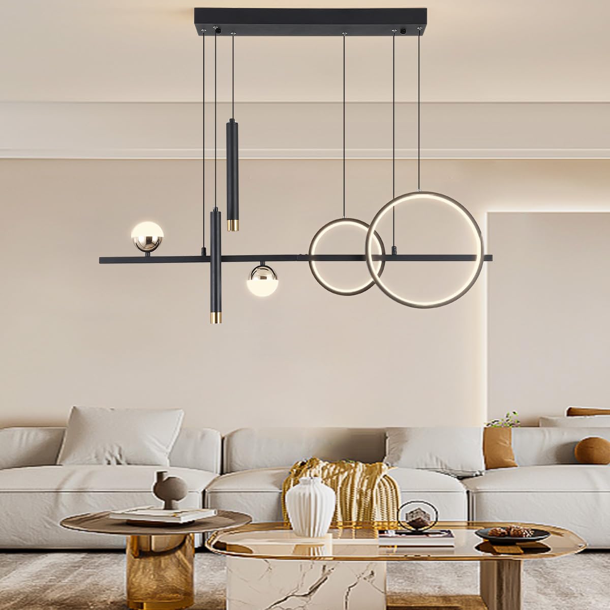 Modern LED Pendant Lights - Dimmable 39-inch Linear Wave Chandelier in Black & Gold, 2700lm Warm White Lighting for Dining Room, Kitchen Island & Table Decor | Energy-Efficient Hanging Fixture for Home & Restaurant Interior Design