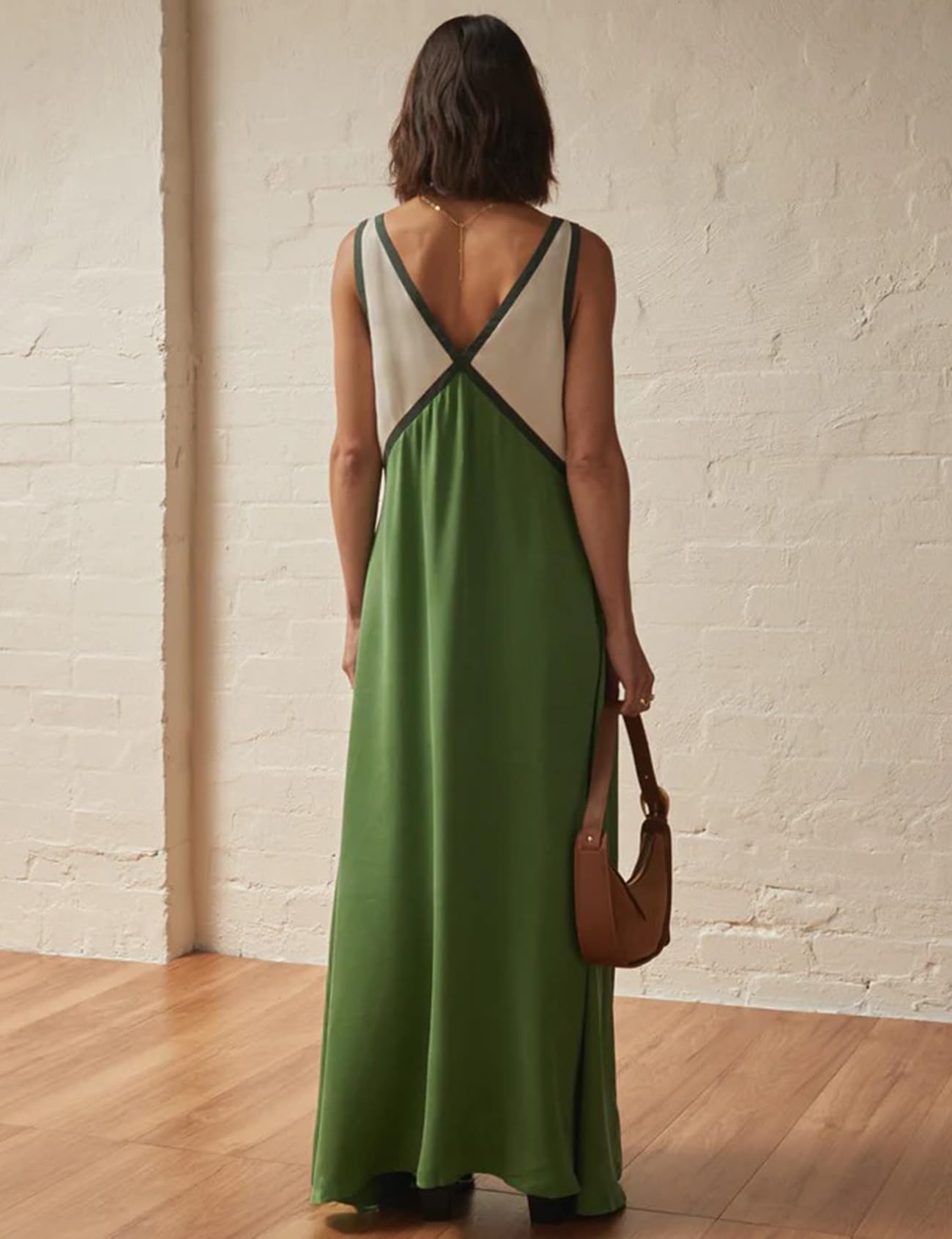 Women's Summer Color Block Satin Maxi Dress - Loose V-Neck Contrast Patchwork Flowy Beach Vacation Long Tank Dress for Pool Parties, Tropical Getaways & Casual Outings