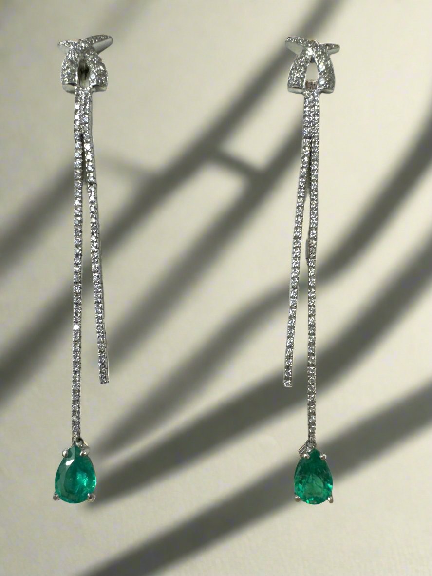 2.58tcw Natural Emerald and Diamond Teardrop Chandelier Earrings in 18K White Gold | Elegant Jewelry for Weddings, Parties & Special Occasions
