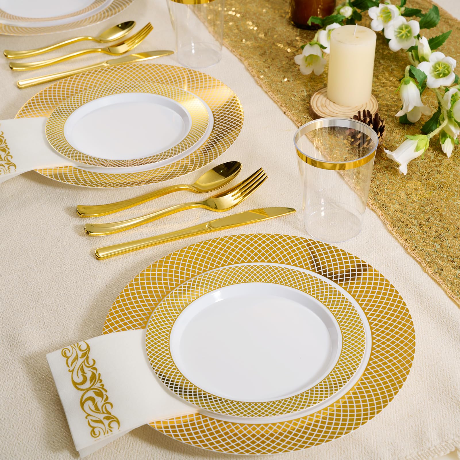 FOCUSLINE 102-Pack Gold Plastic Plates Set - 51 Elegant 10