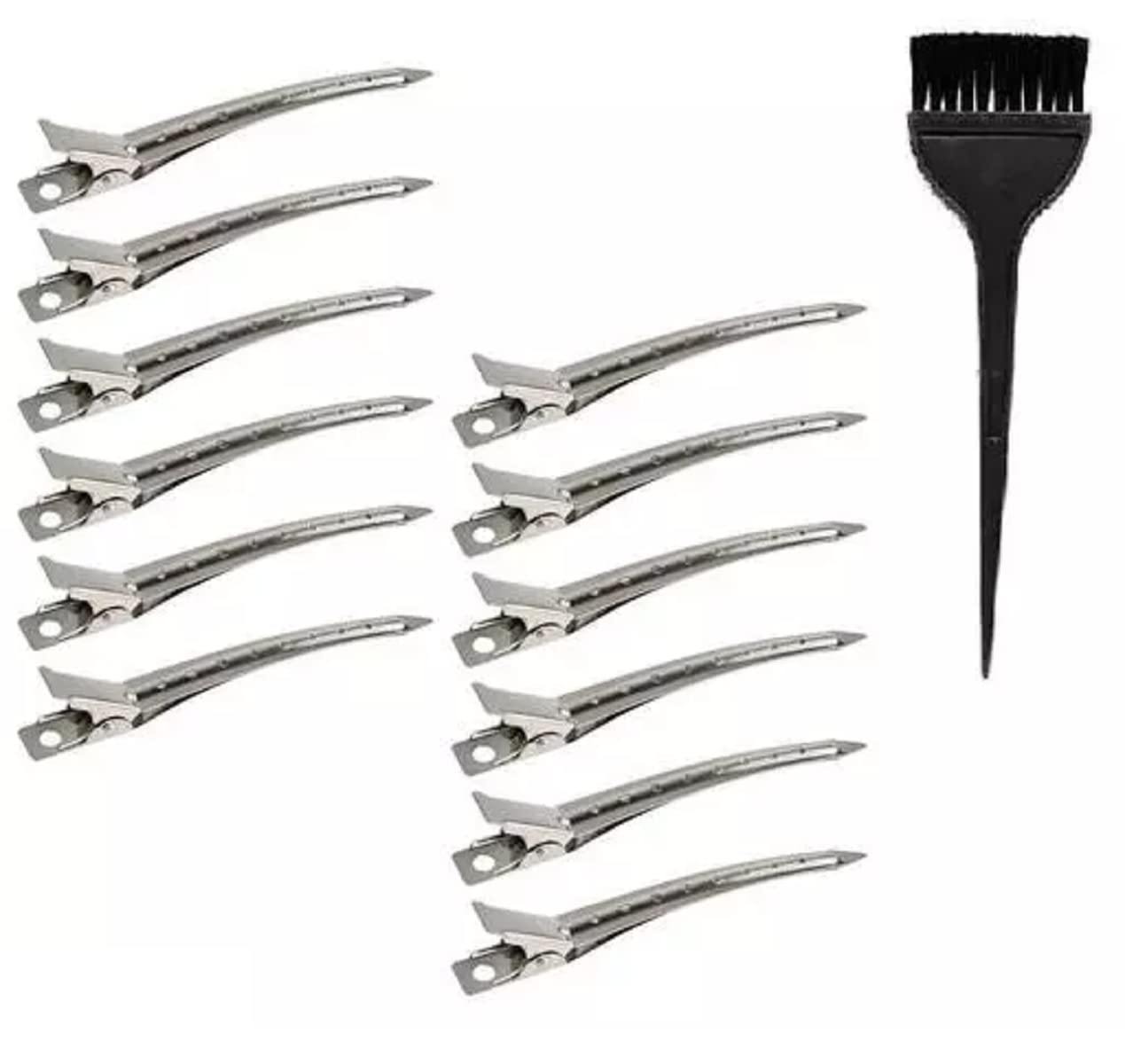 ZAUKY 12-Piece Professional Steel Silver Hair Sectioning Clips with 1 Hair Dye Brush - Styling & Coloring Combo Kit for Salon, Home Haircuts & DIY Hair Treatments