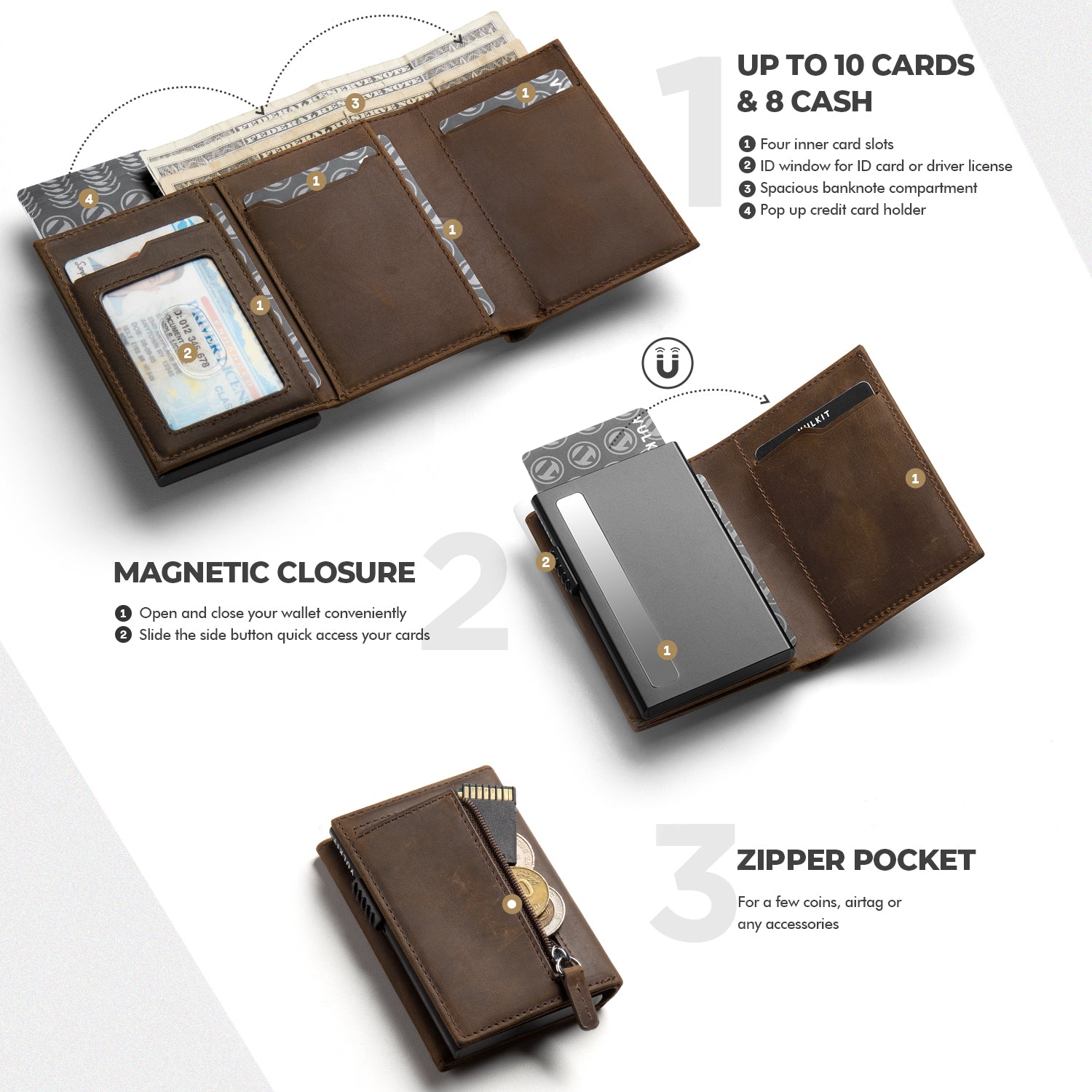 VC302P Genuine Crazy Horse Leather Tri-Fold Wallet with Side Slider Mechanism, Back Zipper Slot & Magnetic Closure - Perfect for Men's Everyday Carry, Business & Travel Use
