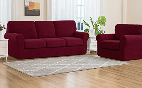 SUBRTEX 3-Piece Armchair Cover & 7-Piece Sofa Slipcover Set - Stretchable Couch Covers with Separate Backrest & Cushion Covers for Living Room (Small/Large, Wine Red) - Perfect for Home Decor, Furniture Protection & Pet-Friendly Households