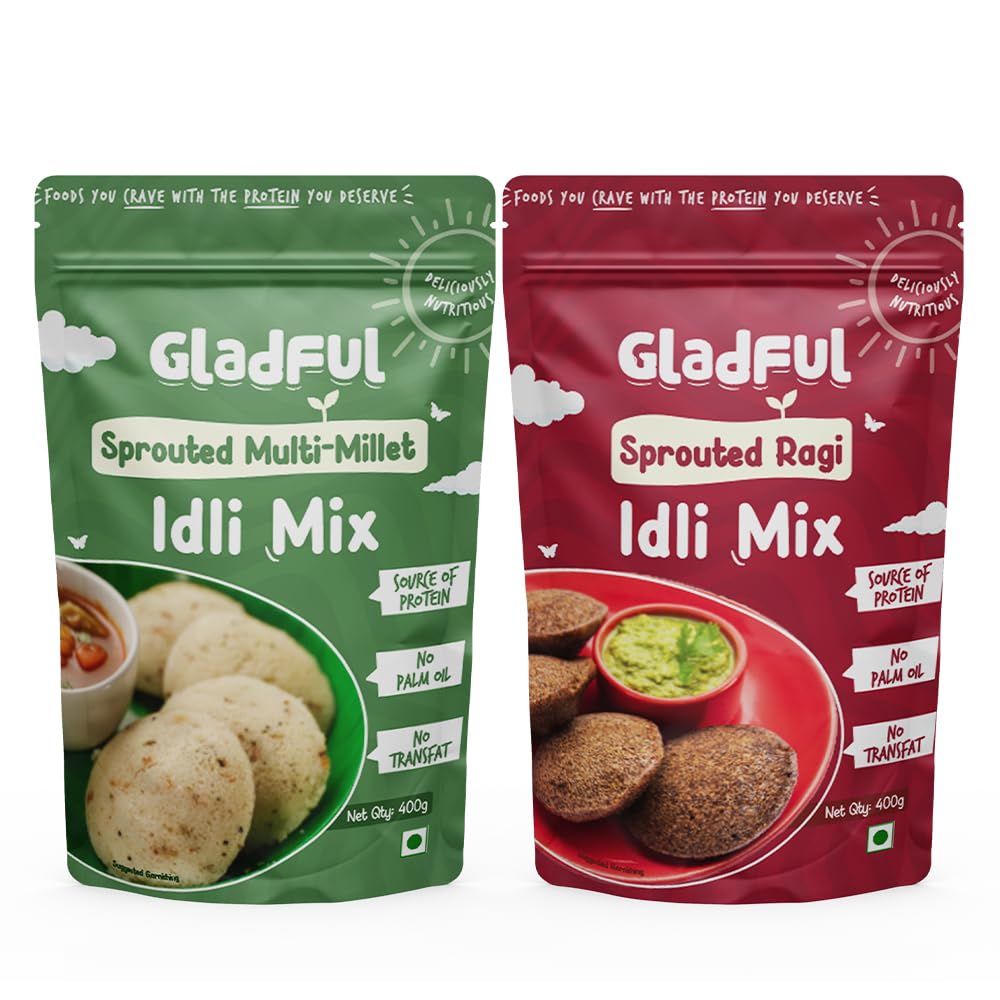 Gladful Ragi and Multi Millet Idli Instant Mix - High Fiber, No Palm Oil, No Transfat, Vegan & Gluten-Free - Quick & Nutritious Breakfast for Weight Loss & Diabetics - Pack of 2 (800g) | Perfect for Busy Mornings, Office Lunch & Healthy Snacking