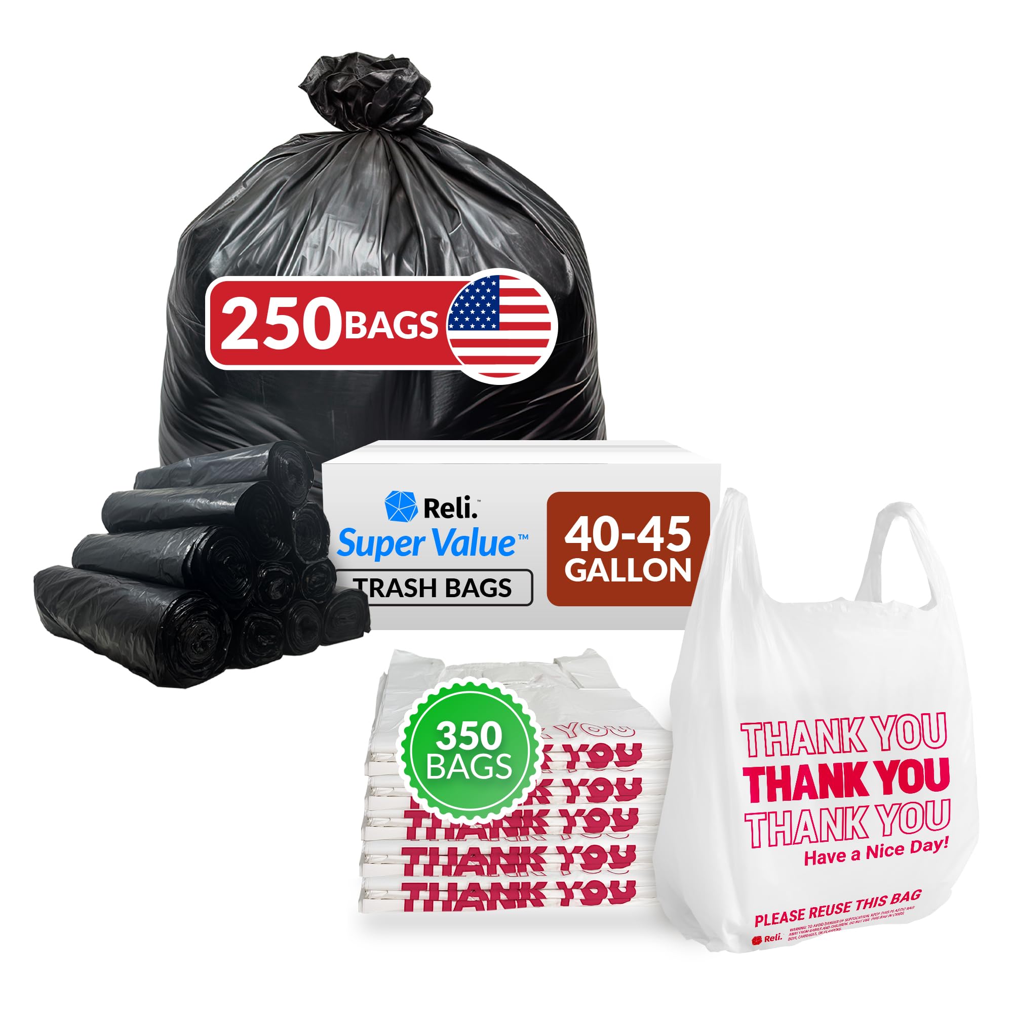 350 Count Thank You T-Shirt Bags & 250 Pack 40-45 Gallon Trash Bags - Perfect for Retail Stores, Restaurants, and Home Use