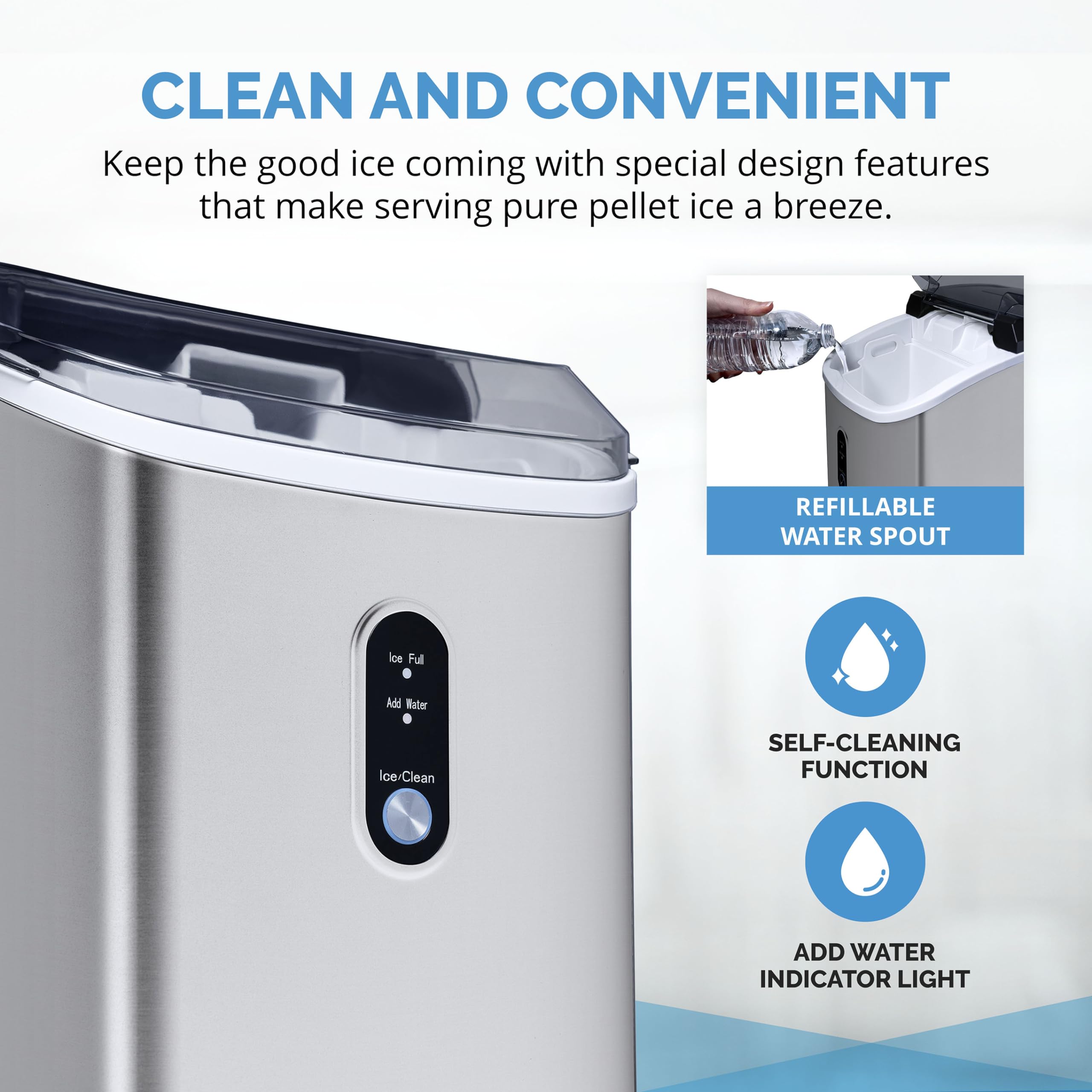 NewAir Nugget Countertop Ice Maker Machine - 26 lbs. Sonic Ice Maker with Self-Cleaning Function & Refillable Water Tank | Stainless Steel Portable Ice Machine for Home, Office, Kitchen, Coffee Bar, Parties & Outdoor Use