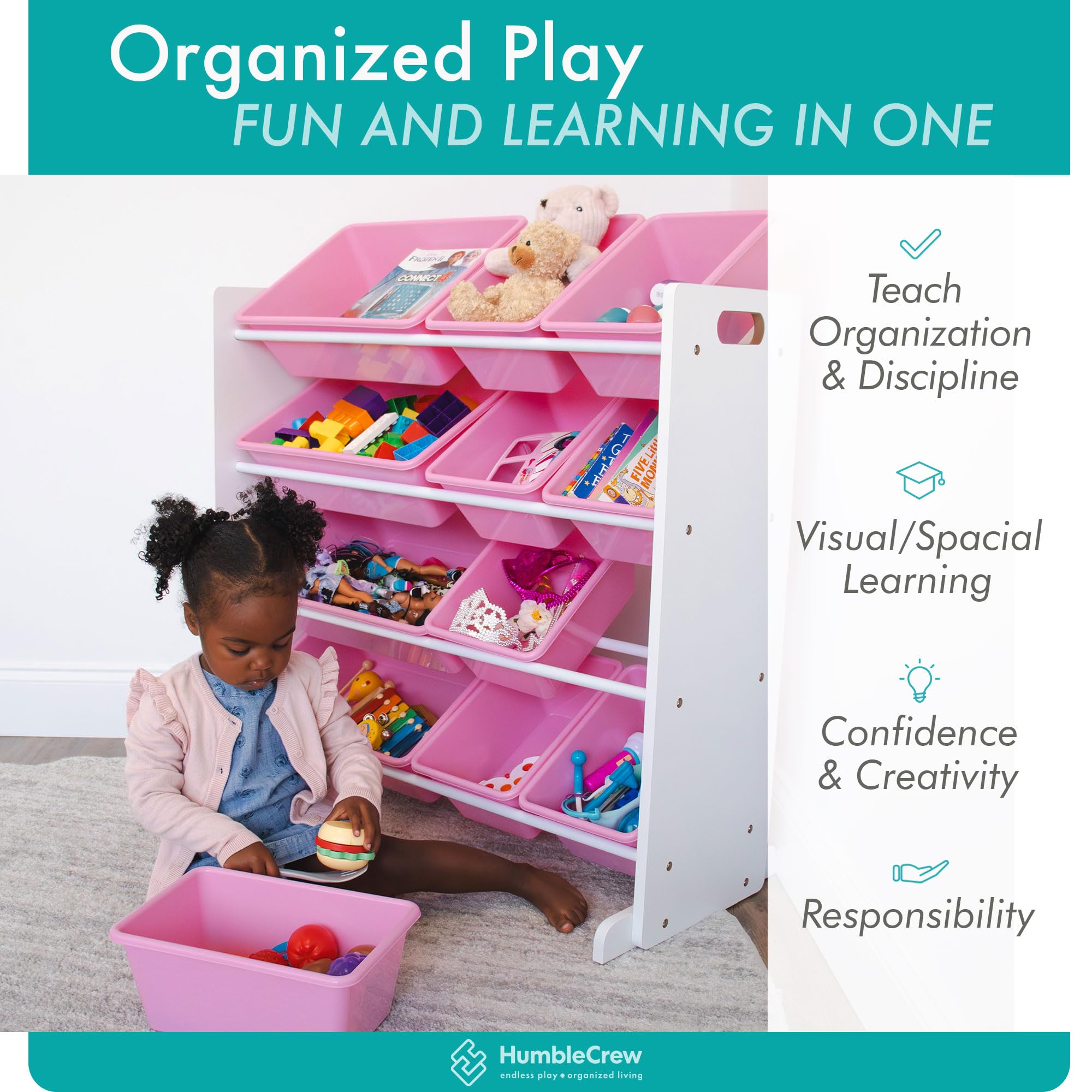 Humble Crew 12-Bin Toy Storage Organizer in White & Pink - Perfect for Kids' Room, Playroom, and Classroom Organization