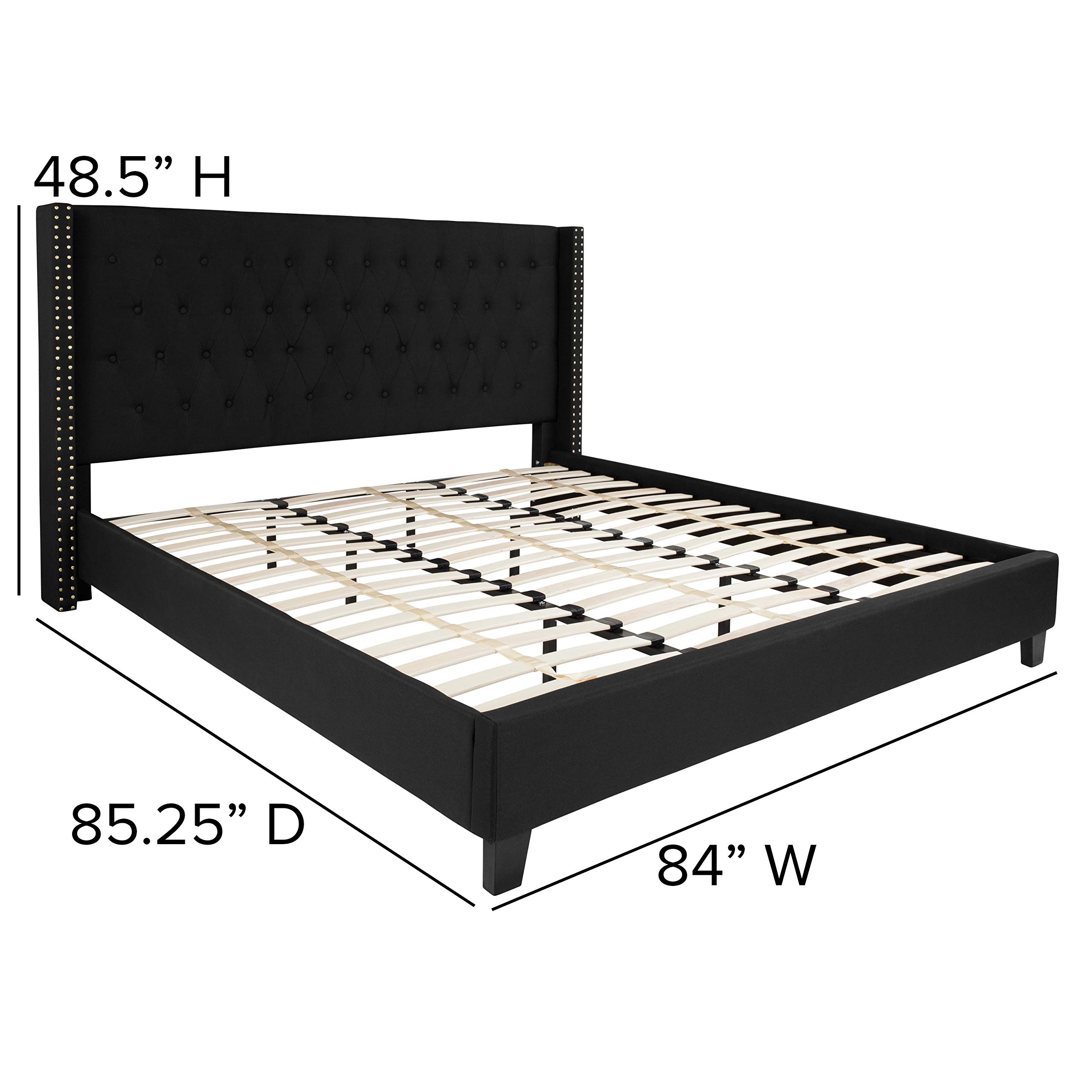 King Accent Extended Panel Platform Bed Frame - Black Fabric Upholstered Queen Size for Modern Bedroom & Guest Room