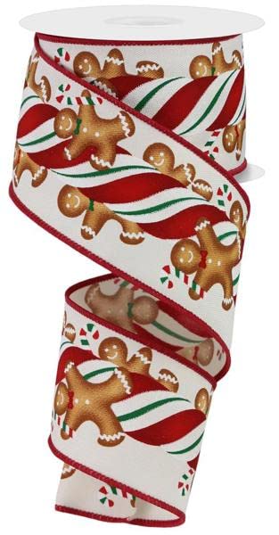 2.5 Inch Gingerbread Kids Christmas Ribbon - Ivory Candy Stripe Decorative Ribbon (10 Yards) for Gift Wrapping, Tree Decorations & Holiday Crafts
