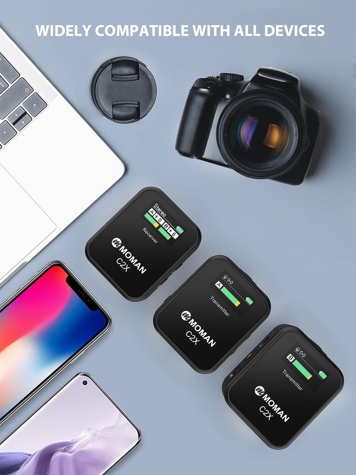Professional Wireless Lavalier Microphone with TFT Screen - Moman C2X Clip-on Mic for DSLR, Camera, Smartphone, PC & Tablet (100m Range) - Perfect for Vlogging, Interviews, Live Streaming & Online Meetings