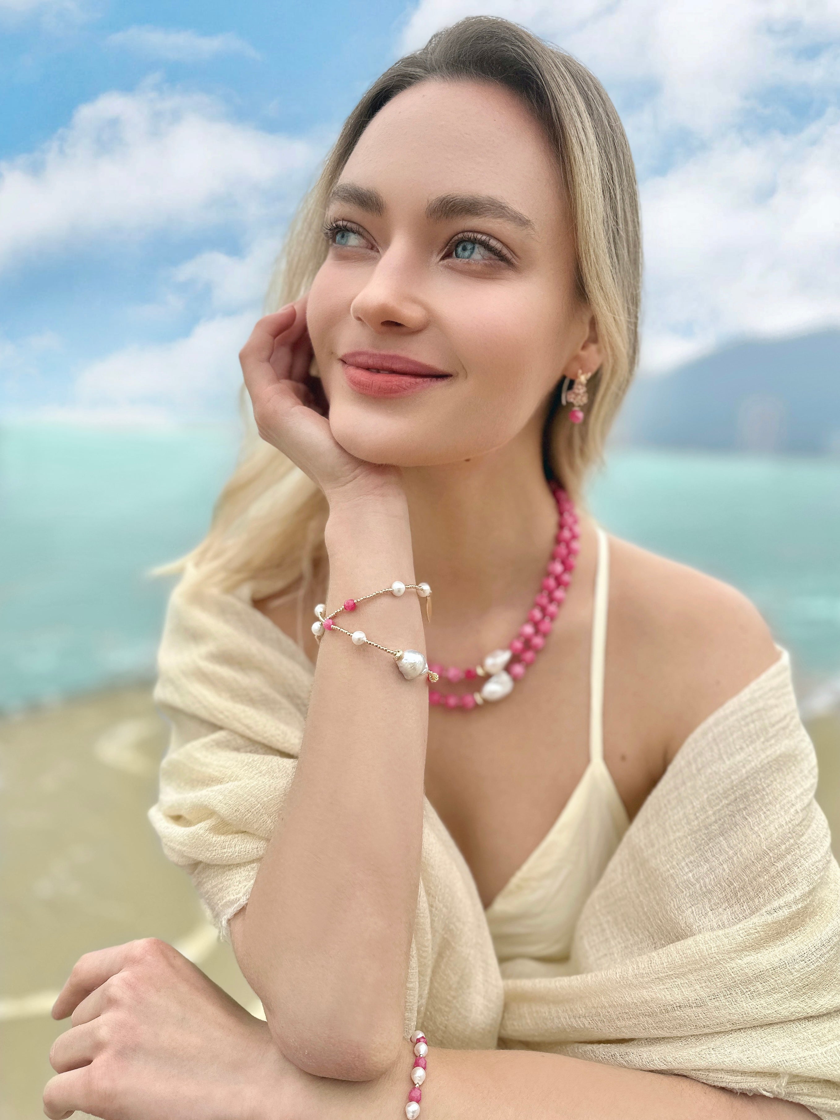 Baroque Pearls with Pink Gemstones Double Layer Bracelet & Choker LB001 - Elegant Jewelry for Weddings, Parties & Special Occasions
