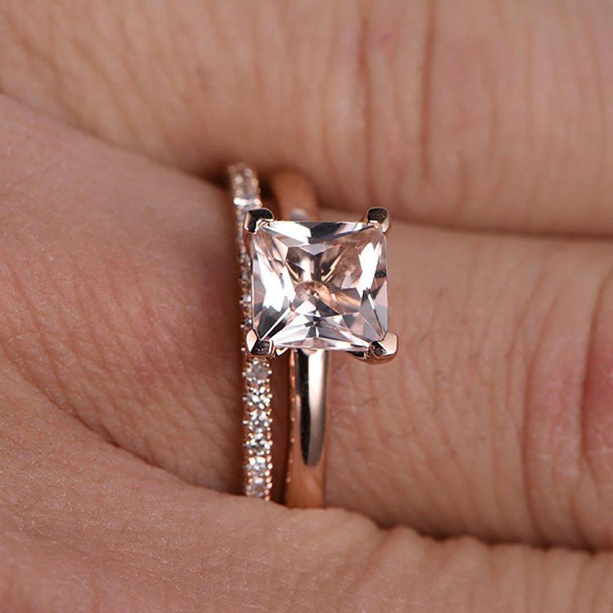 1.25 Carat Princess Cut Morganite & Diamond Moissanite Engagement Ring Set in 18k Gold Plating - Elegant Bridal Wedding Jewelry for Proposals, Anniversaries & Special Occasions