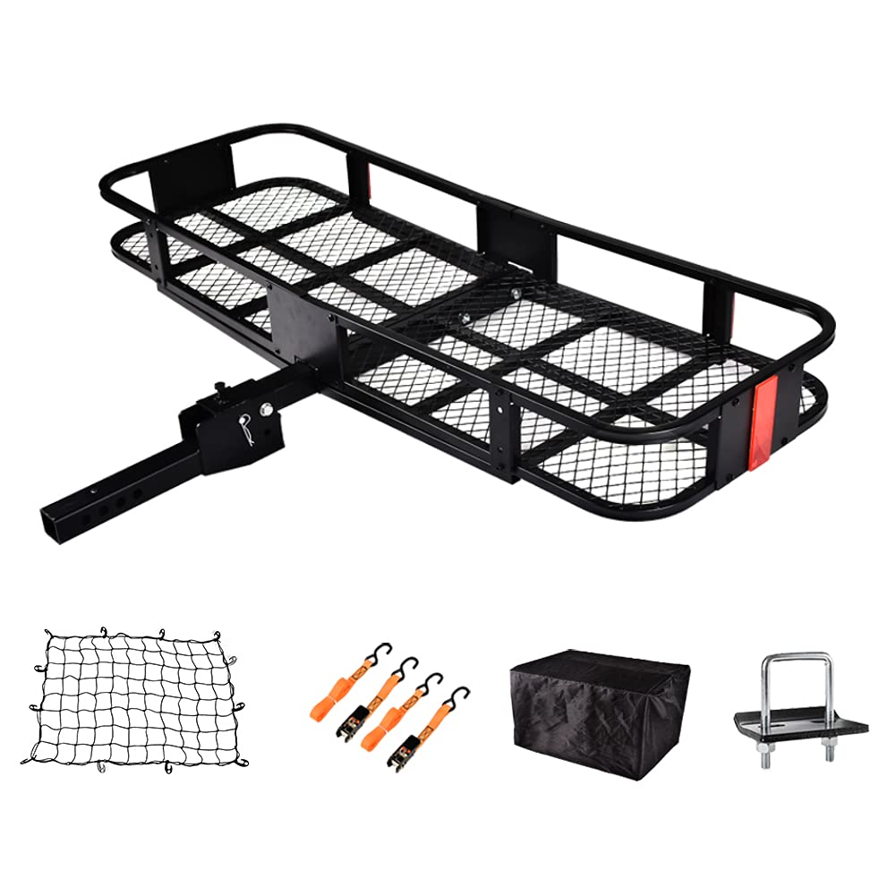 USSerenaY Hitch Cargo Carrier - Heavy Duty 550lbs Capacity Folding Trailer Hitch Luggage Rack with Net, Waterproof Cargo Bag & 2 Reinforced Straps - 60