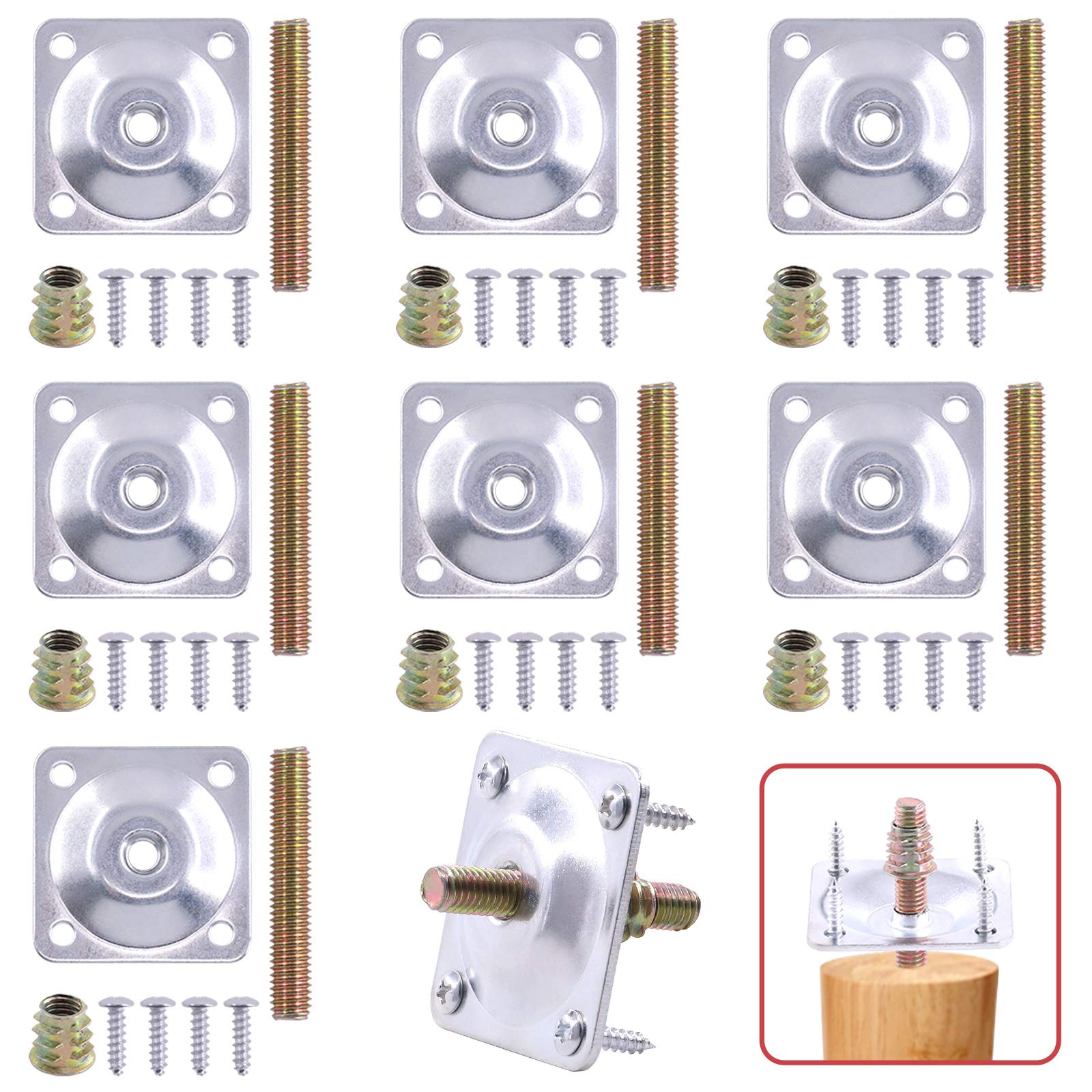 Hilitchi 8 Sets Silver Furniture Leg Mounting Plates with Hanger Bolts - Heavy Duty Repair Brackets for Sofa, Chair, Couch Legs - Perfect for DIY Furniture Fixing & Home Improvement Projects