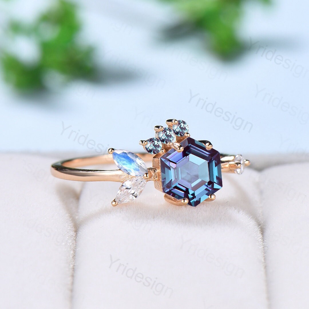Vintage Marquise Moonstone Cluster Ring - Hexagon Alexandrite Engagement Ring, Art Deco Fish Silver Gold Moissanite Bridal Jewelry for Women | Perfect for Weddings, Anniversaries & Special Gifts