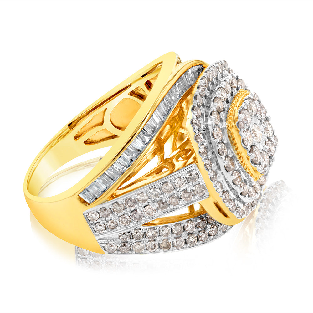 9ct Yellow Gold 2 Carat Diamond Dress Ring with Brilliant & Baguette Cut - Elegant Wedding Band, Anniversary Gift for Her - Perfect for Evening Parties, Date Nights & Special Occasions