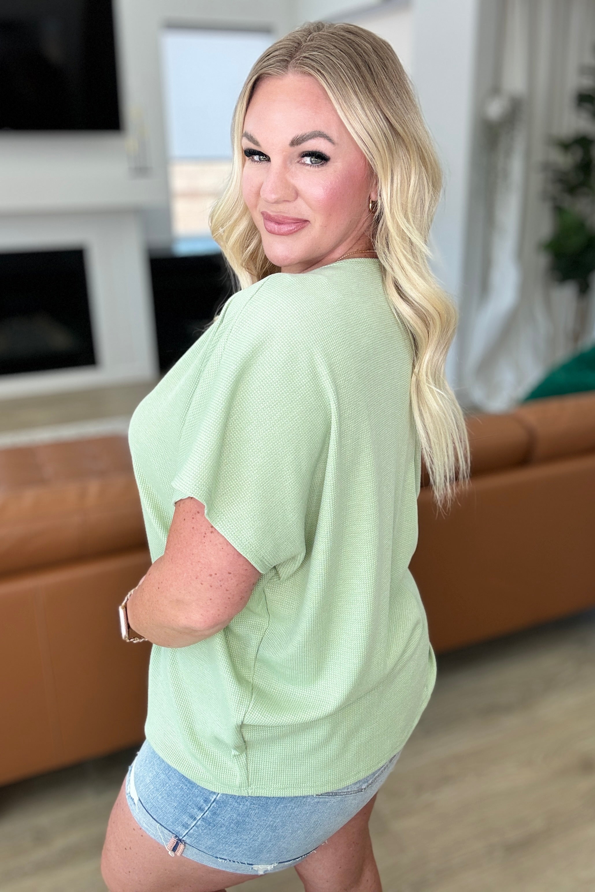 Big Sky Country Waffle Knit Top In Sage - Cozy Women's Casual Sweater for Fall & Winter | Perfect for Layering, Outdoor Adventures & Relaxing at Home