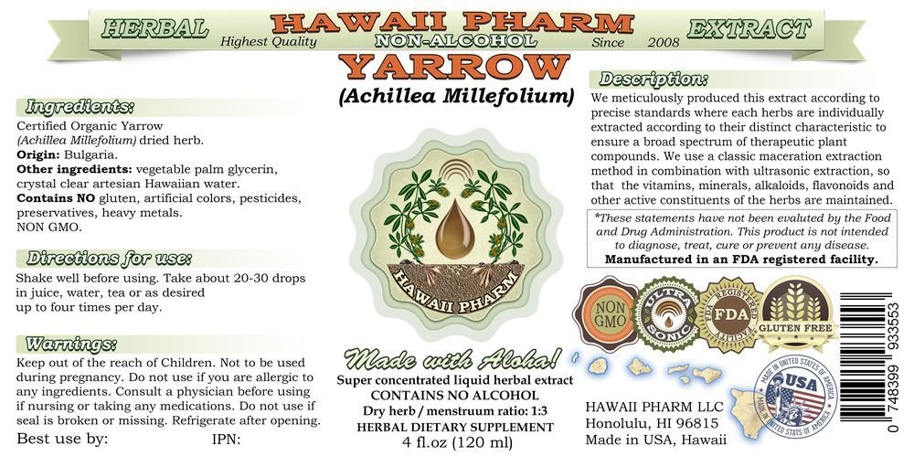 Organic Yarrow (Achillea millefolium) Alcohol-Free Liquid Extract - Natural Herbal Supplement Glycerite, 64 fl.oz by Hawaii Pharm USA | Supports Digestive Health & Skin Care, Perfect for Herbal Remedies & Aromatherapy