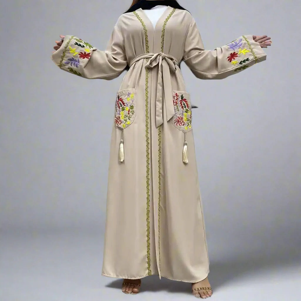Elegant Muslim Women's Embroidery Open Abaya Dress - Modest Islamic Clothing for Prayer, Mosque & Special Occasions