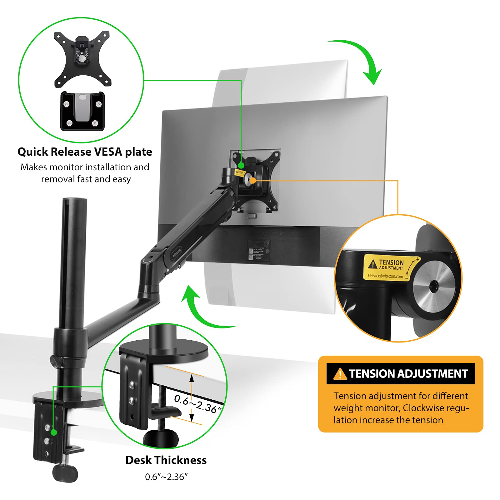 Viozon Adjustable Gas Spring Monitor Arm Stand with Laptop Tray - Heavy Duty Desk Mount for 17-32 Inch Computer Screens & 12-17 Inch Laptops - Perfect for Home Office, Gaming Setup and Workspace Ergonomics