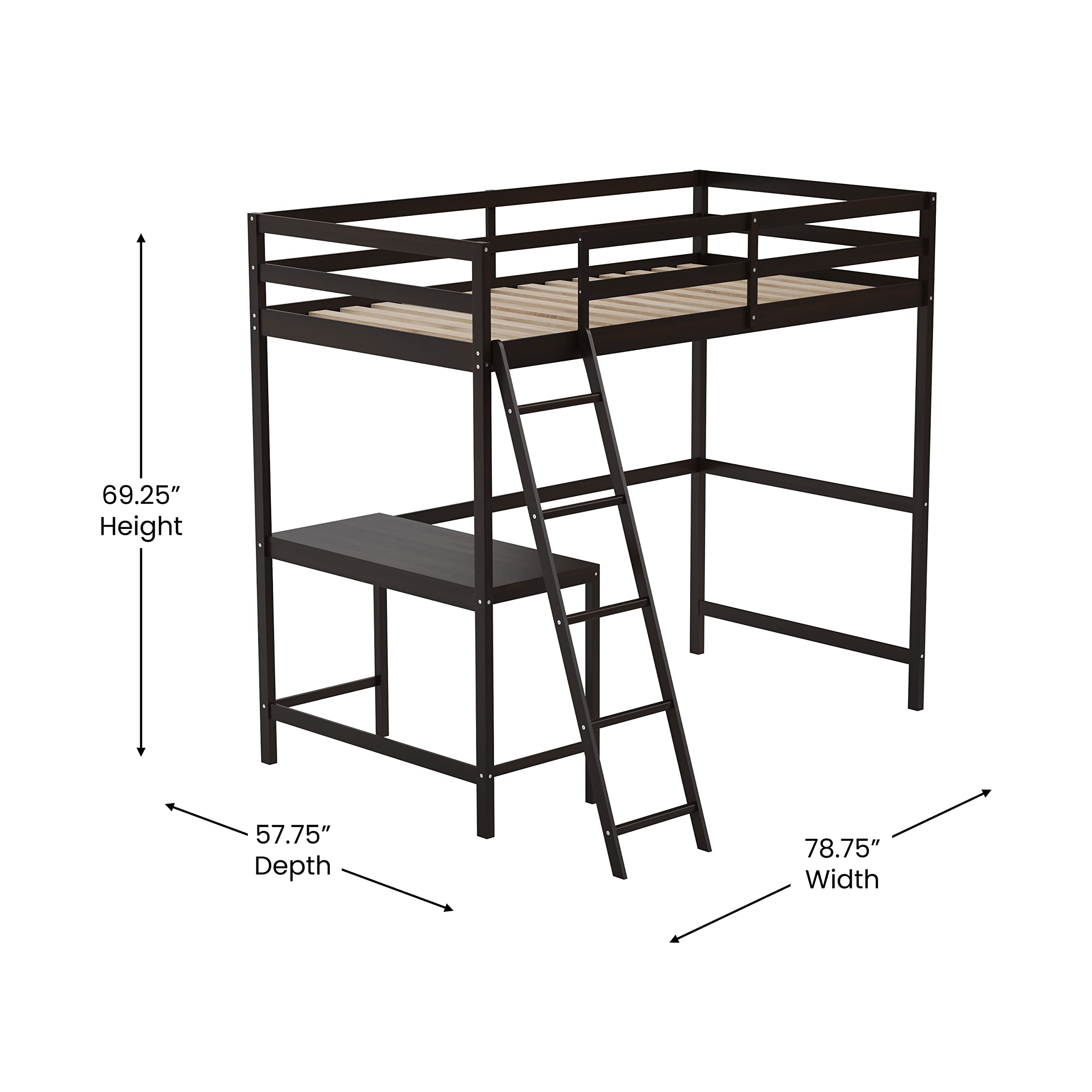 Emma & Oliver Ridley Twin Size Loft Bed Frame with Desk - Solid Pine Wood in Espresso Finish - Safety Guardrails - Fits 6-8