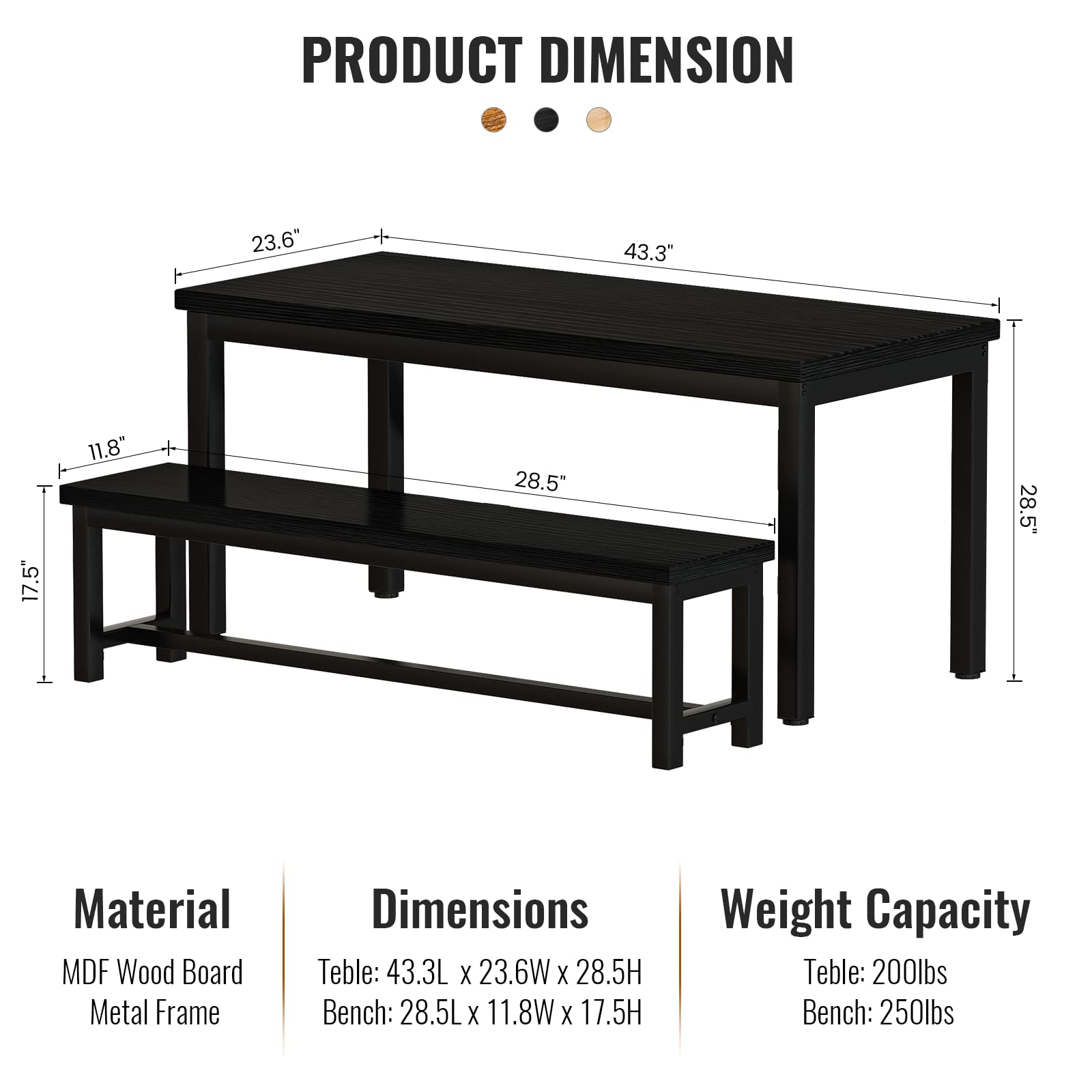 AWQM 43.3 Inch 4-Person Dining Table Set with 2 Benches - Sturdy Metal Frame & Thickened Wood Top - Perfect for Kitchen, Restaurant, Cafe, or Small Space Dining - Black Modern Furniture