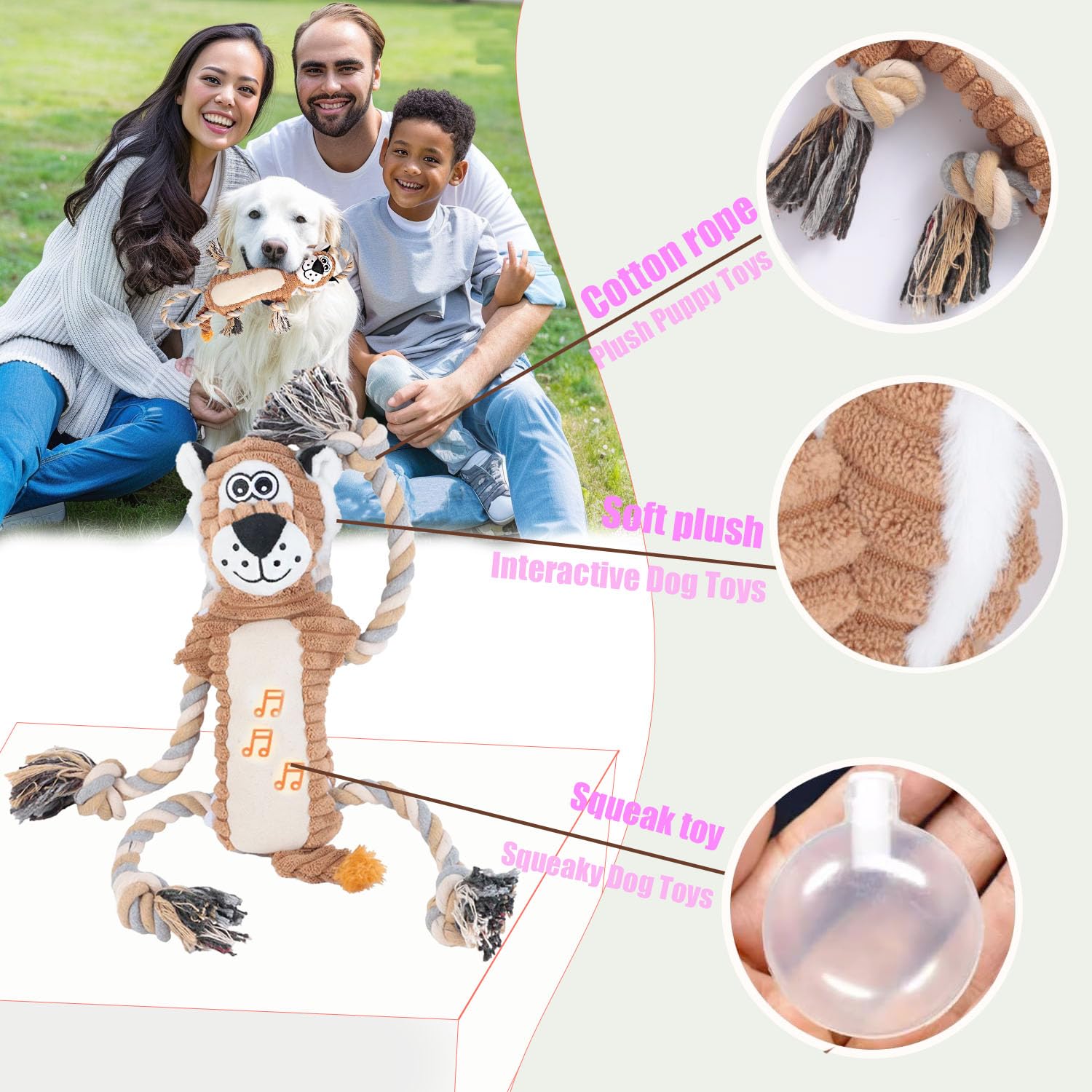 Durable Squeaky Dog Chew Toys with Rope - Interactive Lion Shape Puppy Toy for Small, Medium & Large Dogs | Perfect for Playtime, Training & Teeth Cleaning