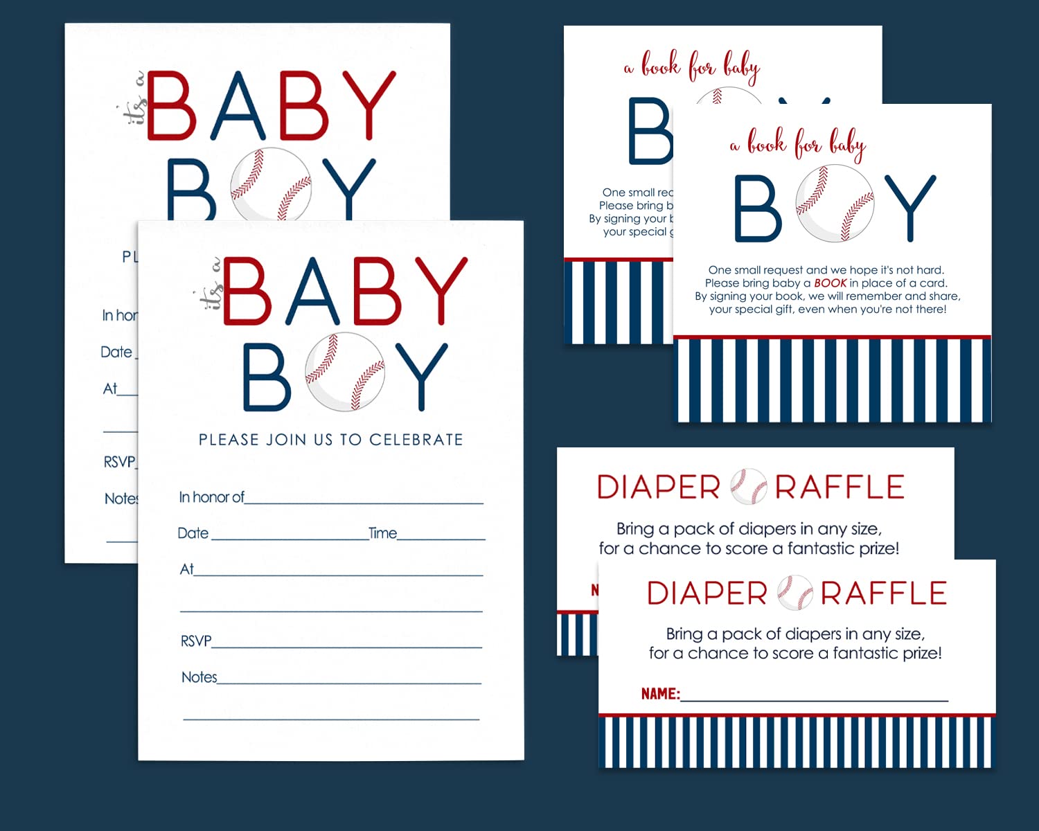 Sports Theme Baby Shower Invitation Bundle - 25 Red & Blue Baseball Party Invites with Envelopes, Diaper Raffle Inserts & Bring a Book Cards for Gender Reveal (Perfect for Boys' Baby Showers, Birthday Parties & Gender Reveal Events)