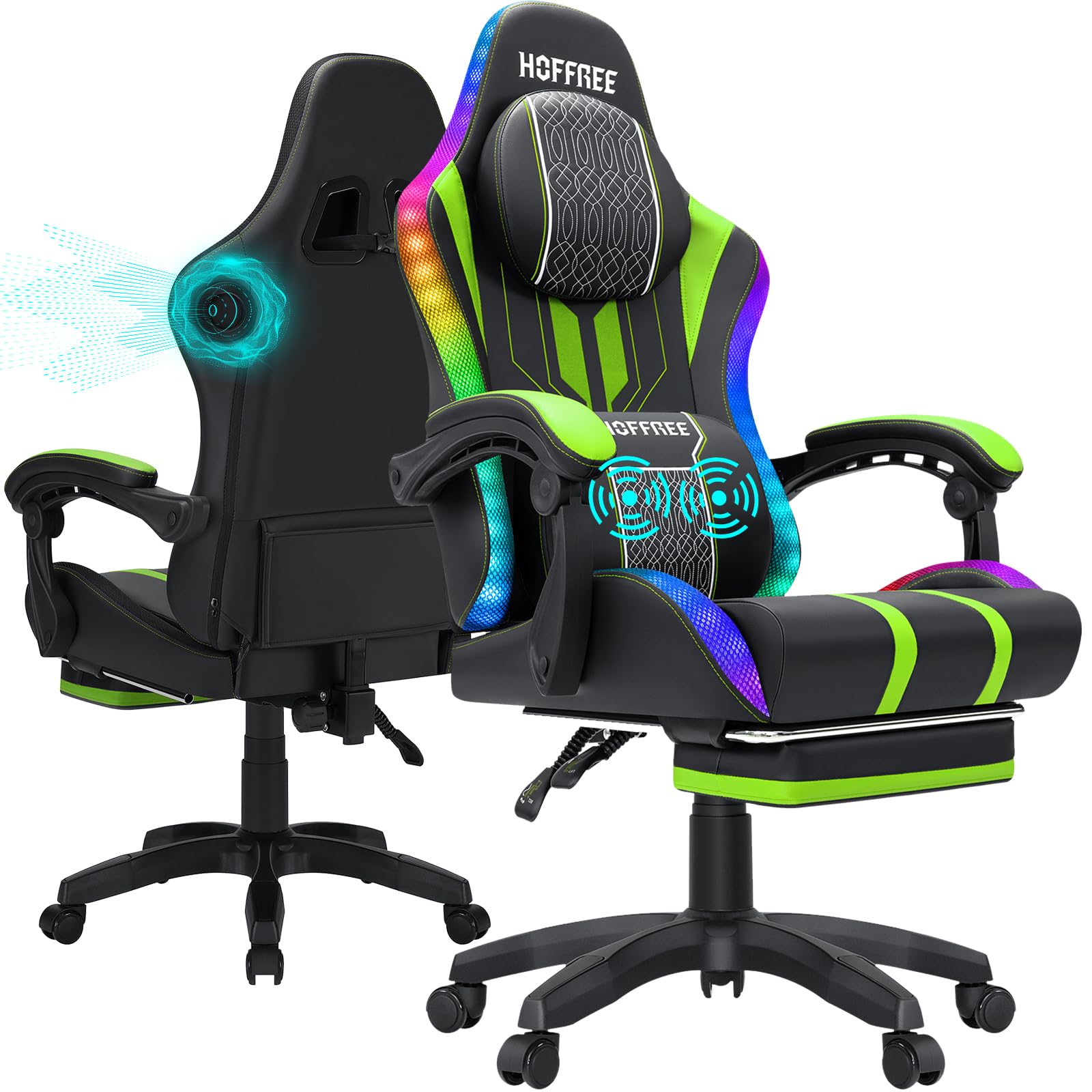 HOFFREE LED Gaming Chair with Massage & Speakers - Big and Tall Reclining Computer Desk Chair with Footrest - Supports 400lbs - Green and Black - Perfect for PC Gaming, Office Work, and Home Entertainment