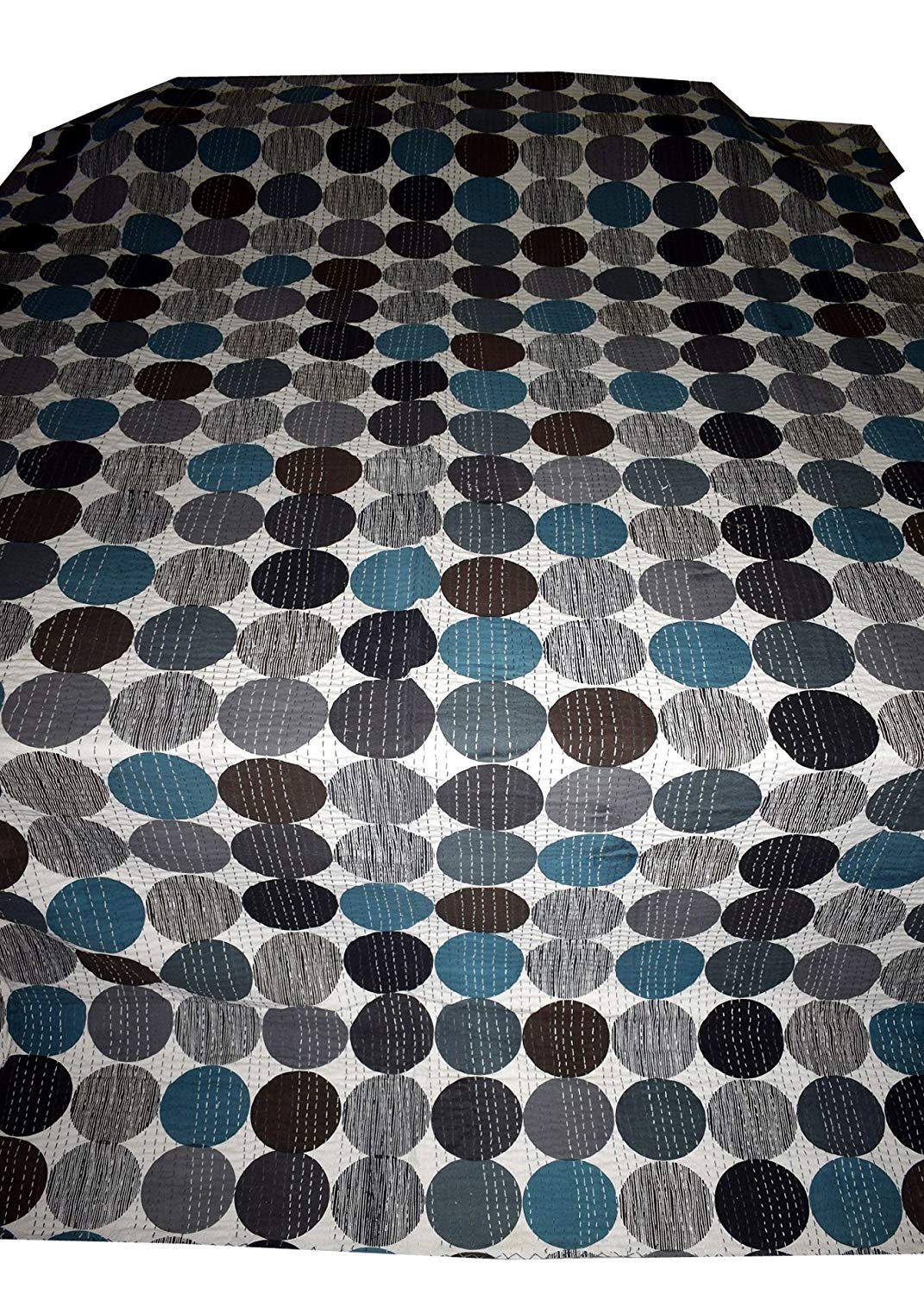 Sophia-Art Handmade Kantha Quilt Queen Size - Indian Sari Bedspread Blanket & Throw - Black Polka Dot Ethnic Home Decor for Bedroom, Living Room, Sofa - Perfect for Cozy Nights and Boho Chic Style