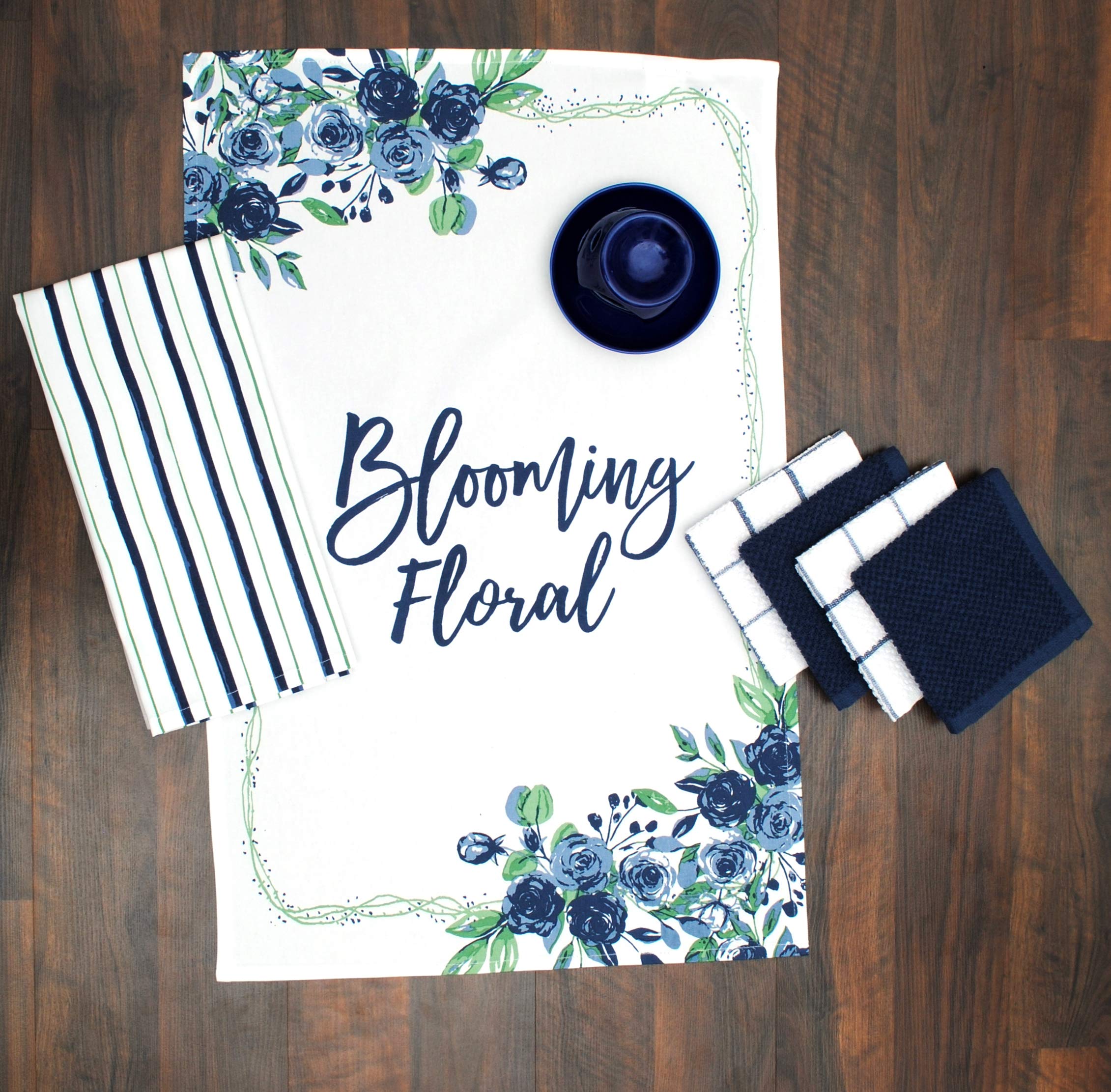 AMOUR INFINI 6-Piece Cotton Kitchen Towel Set - 4 Terry Dishcloths (12”x12”) & 2 Absorbent Kitchen Towels (28”x18”) - Blooming Floral Design for Dish Drying, Cleaning & Home Decor - Perfect Housewarming Gift & Kitchen Essentials