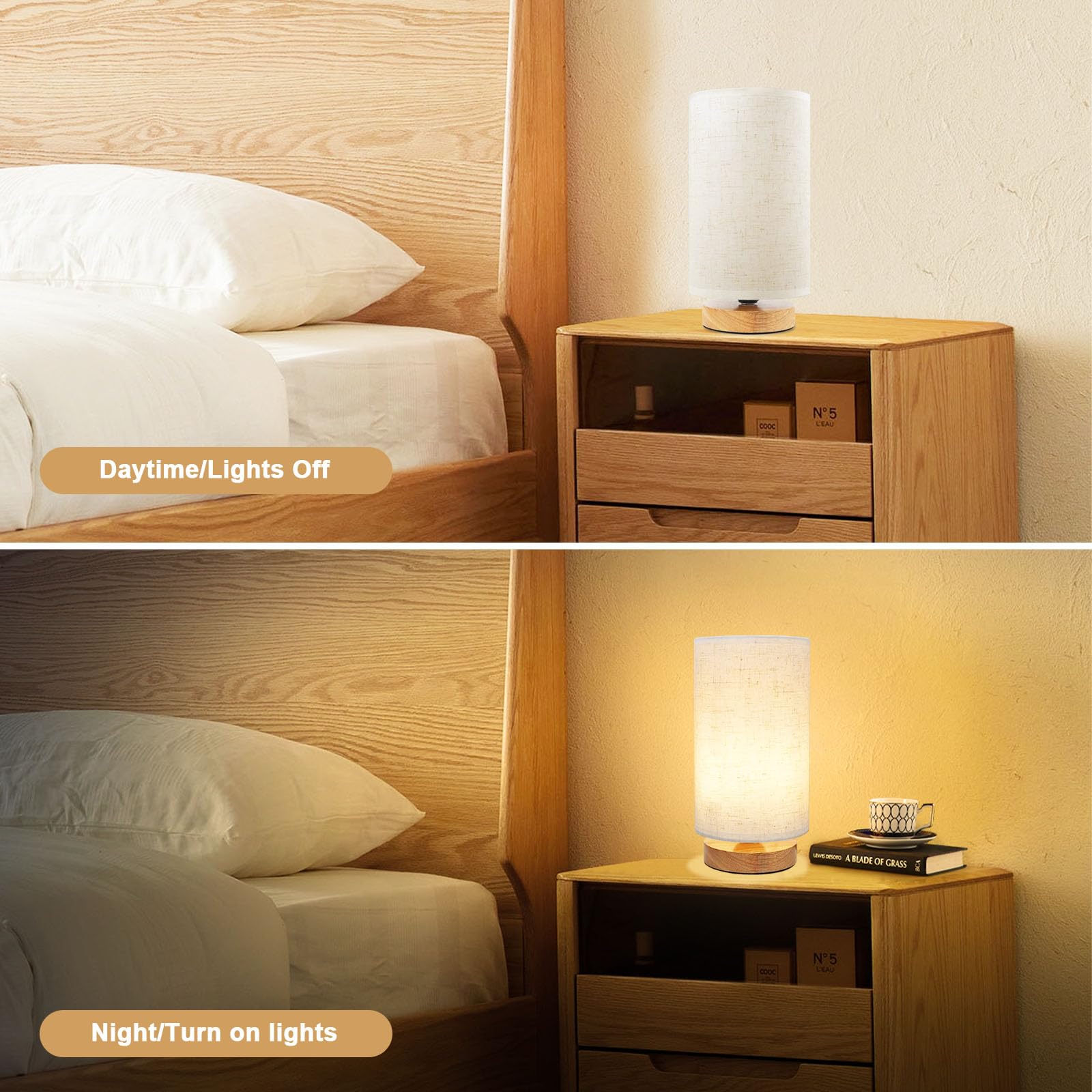 Minimalist Wood Base Round Fabric Shade Small Bedside Table Lamp - Warm White Cozy Nightstand Light for Bedroom, Study Desk, Dorm, Nursery & Living Room | Perfect for Reading, Relaxing & Creating Ambiance