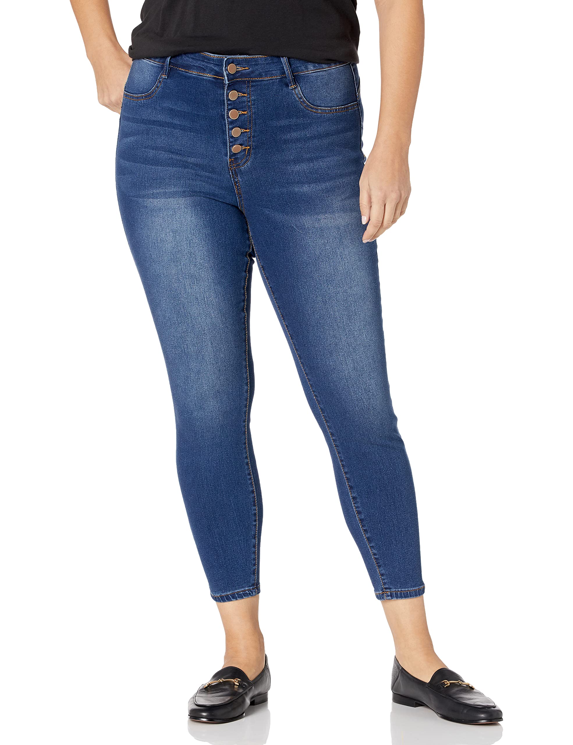 Women's Dark Wash Skinny Jeans with Exposed Buttons - Junior Plus Size for Casual Wear & Everyday Outfits